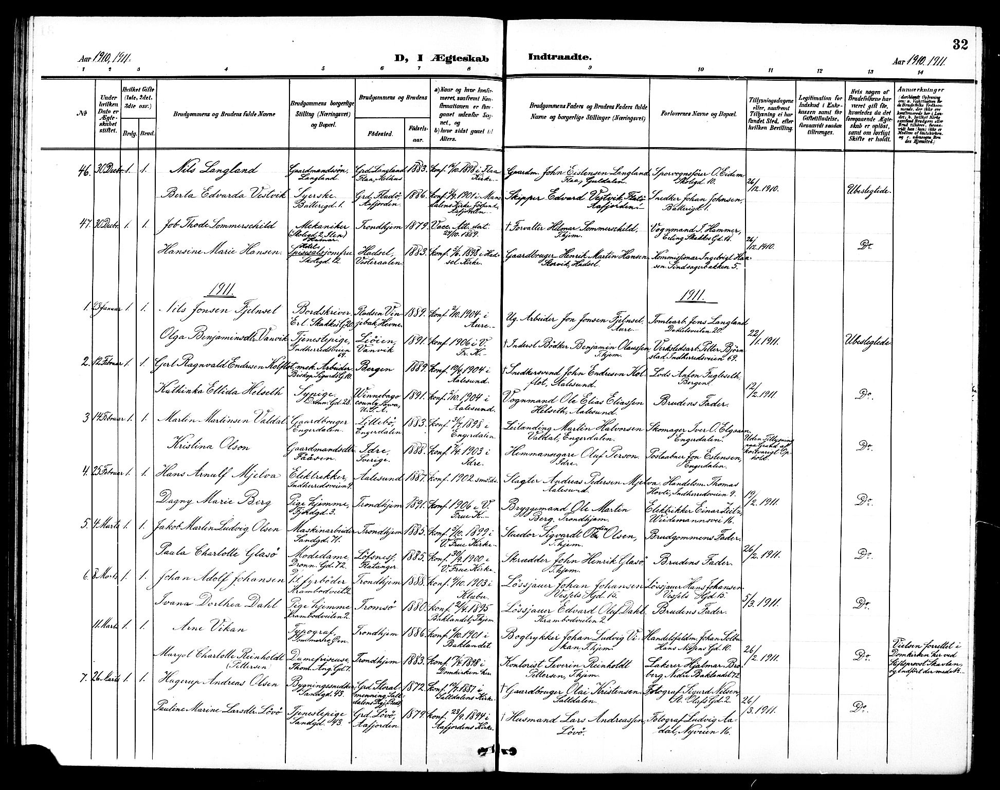 Ministerialprotokoller, klokkerbøker og fødselsregistre - Sør-Trøndelag, SAT/A-1456/602/L0145: Klokkerbok nr. 602C13, 1902-1919, s. 32