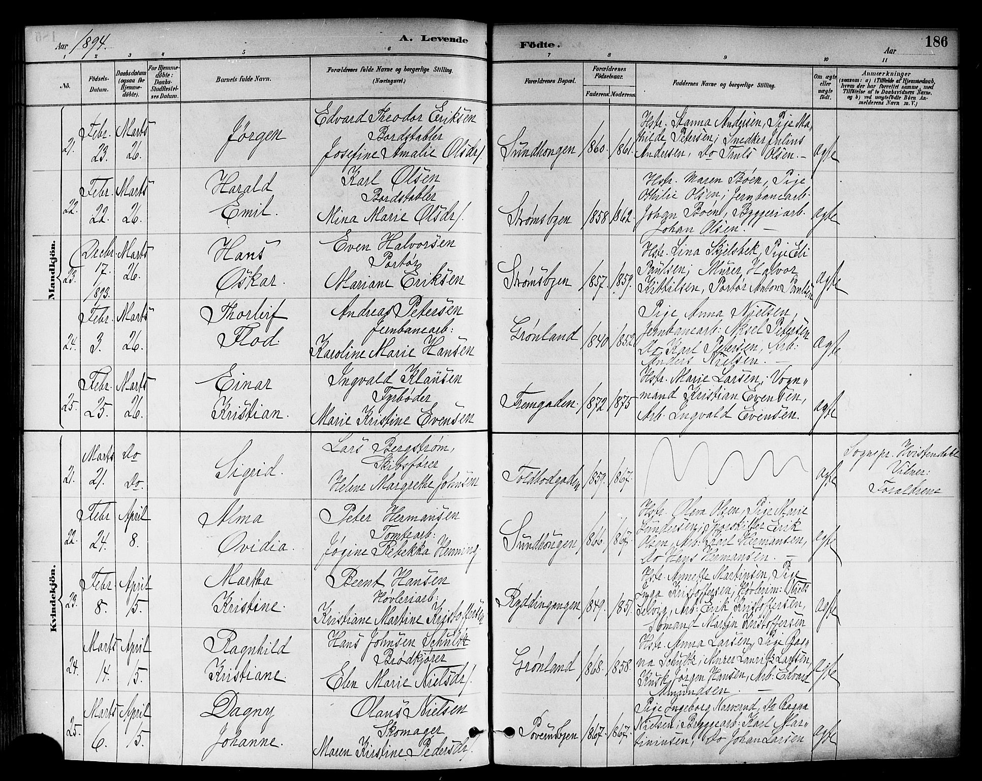 Strømsø kirkebøker, AV/SAKO-A-246/F/Fa/L0023: Ministerialbok nr. I 23, 1885-1894, s. 186