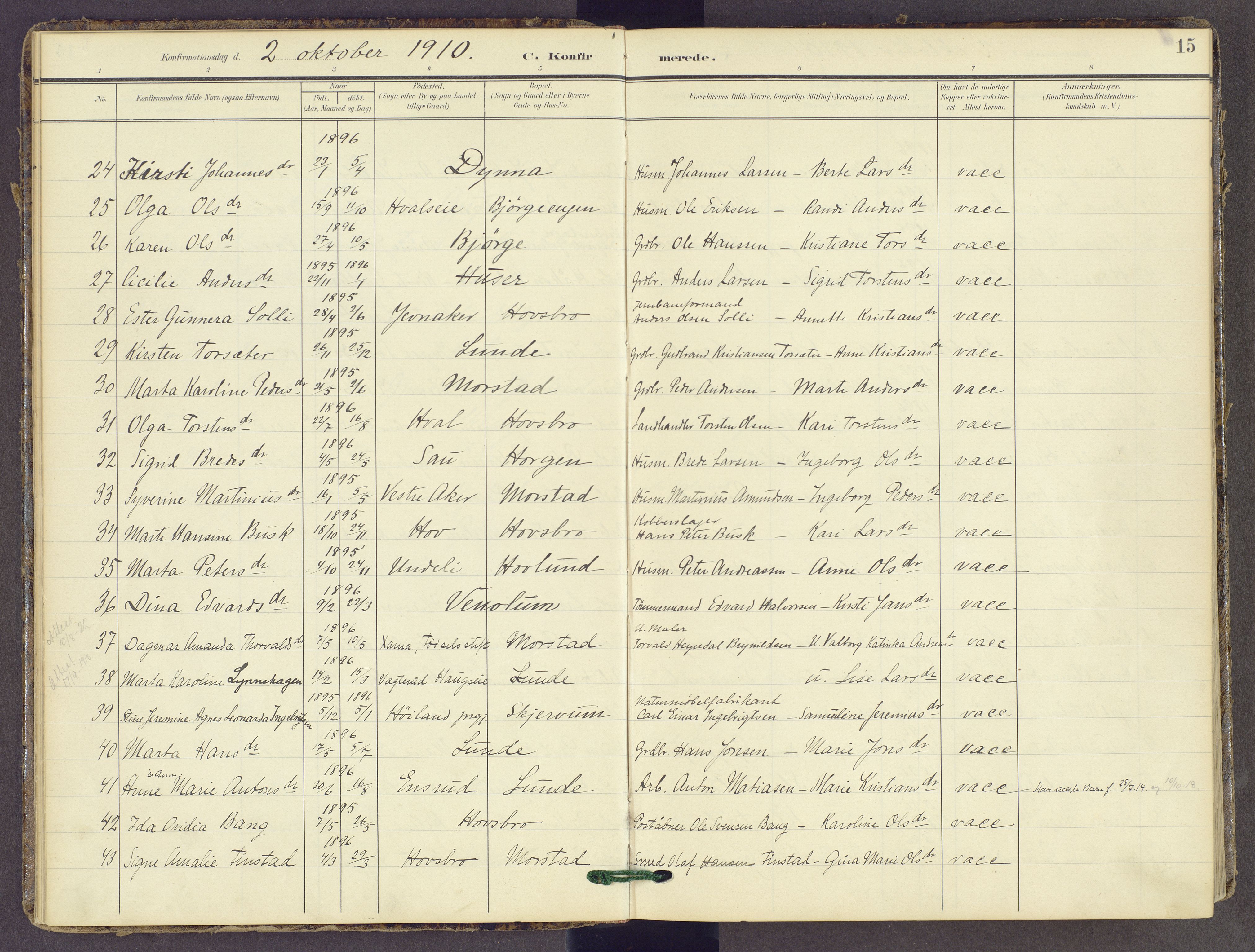 Gran prestekontor, SAH/PREST-112/H/Ha/Haa/L0022: Ministerialbok nr. 22, 1908-1918, s. 15