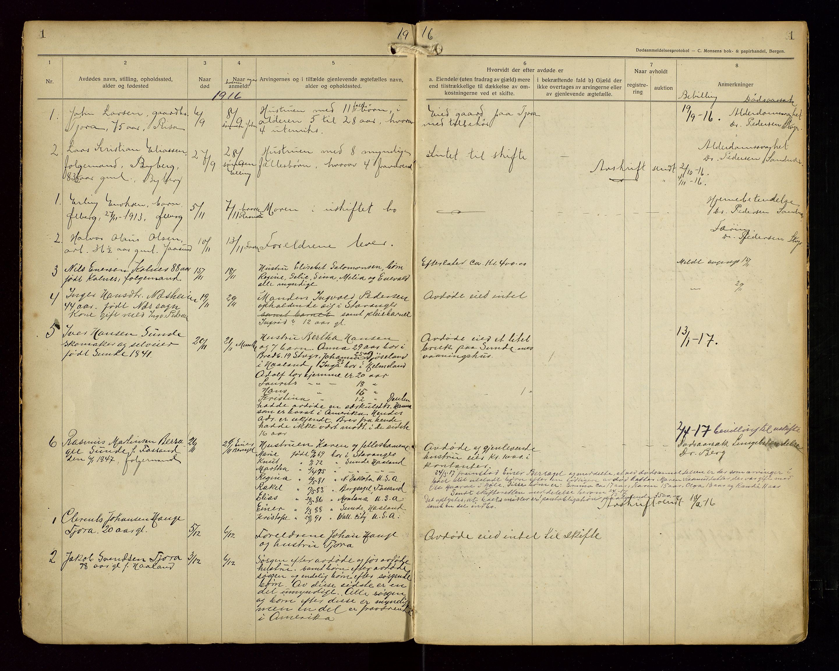 Håland lensmannskontor, AV/SAST-A-100100/Gga/L0002: "Dødsanmeldelser fra 6/9 1916 til 1926 i Haaland", 1916-1926, s. 1