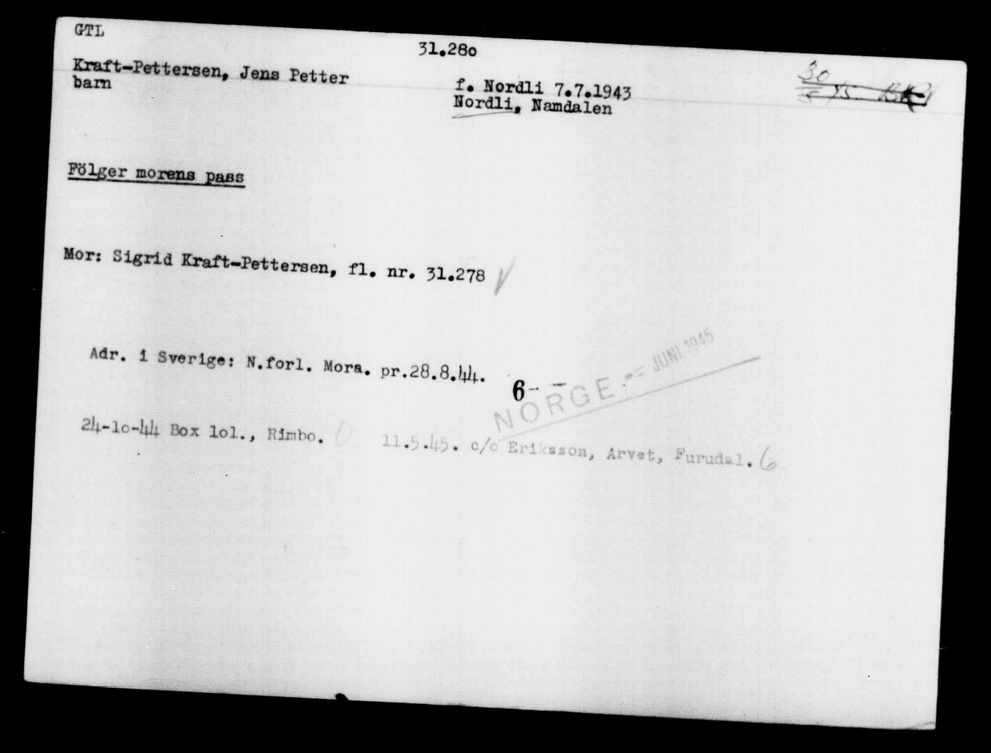 Utenriksstasjonene, Legasjonen i Stockholm, Flyktningkontoret, AV/RA-S-6753/V/Va/L0012: Kjesäterkartoteket, flyktninger med registreringsnr. 28300-31566, 1940-1945, s. 3227