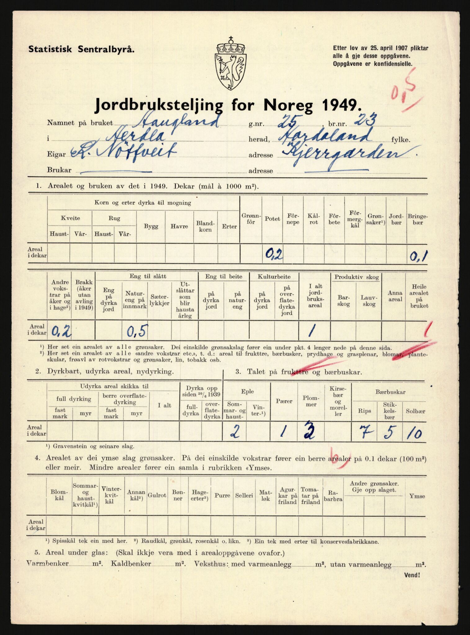 Statistisk sentralbyrå, Næringsøkonomiske emner, Jordbruk, skogbruk, jakt, fiske og fangst, AV/RA-S-2234/G/Gc/L0276: Hordaland: Herdla og Hjelme, 1949, s. 74