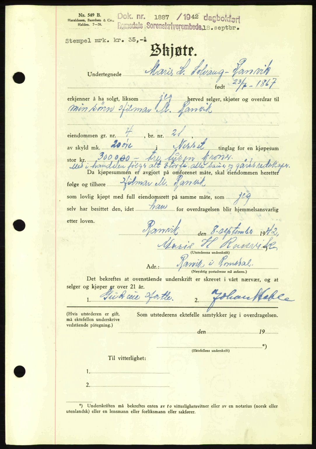 Romsdal sorenskriveri, SAT/A-4149/1/2/2C: Pantebok nr. A12, 1942-1942, Dagboknr: 1887/1942