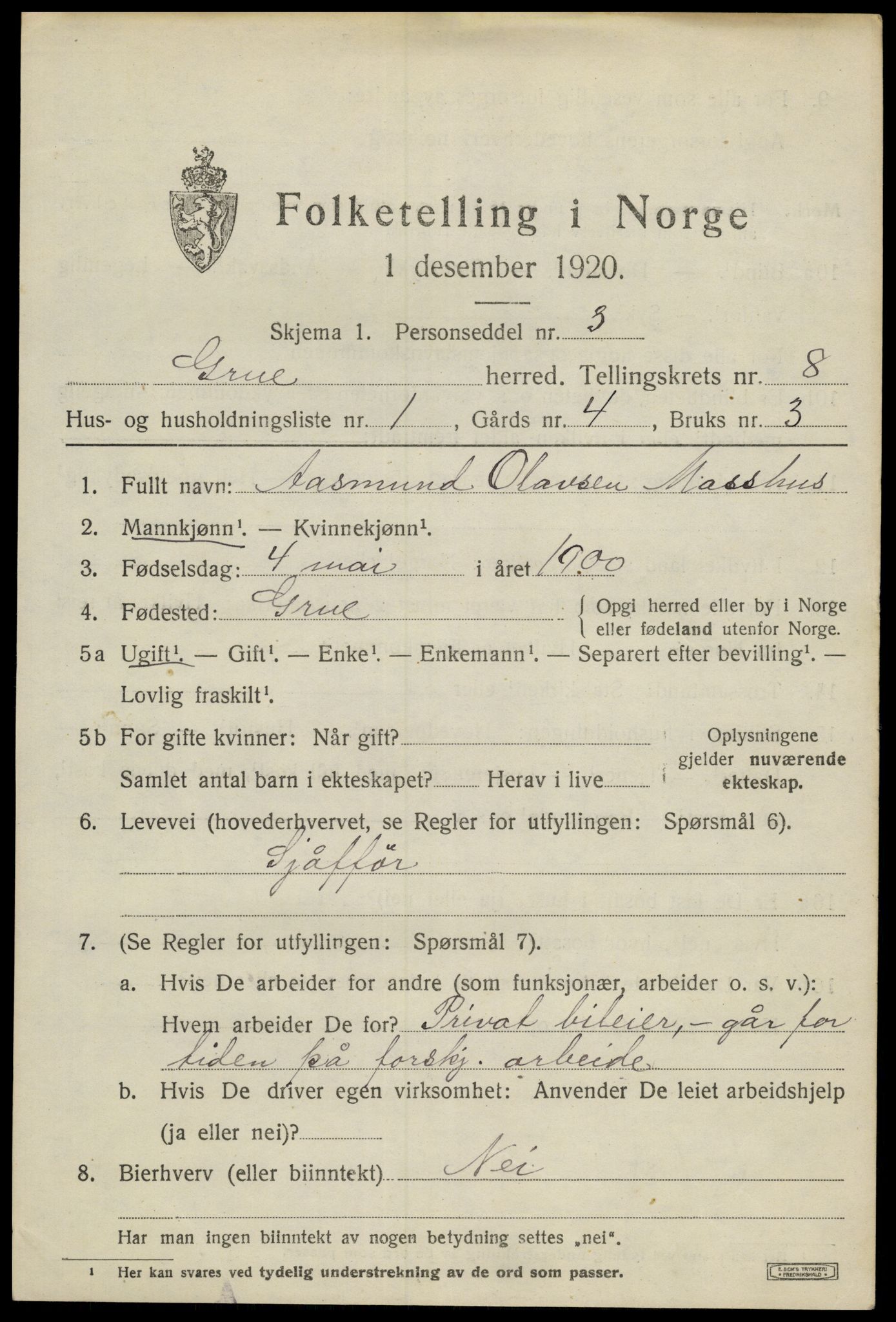 SAH, Folketelling 1920 for 0423 Grue herred, 1920, s. 6951