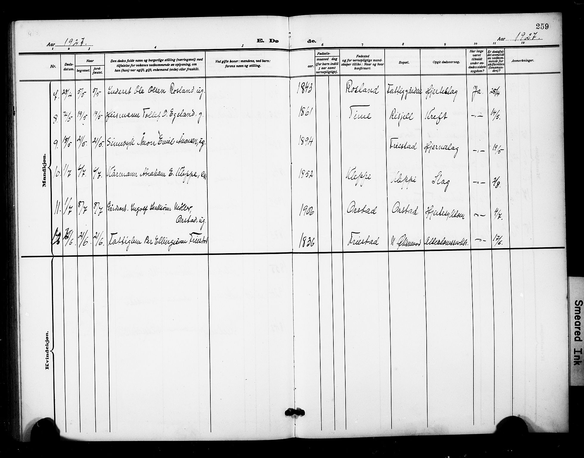 Klepp sokneprestkontor, AV/SAST-A-101803/001/3/30BB/L0007: Klokkerbok nr. B 7, 1908-1934, s. 259