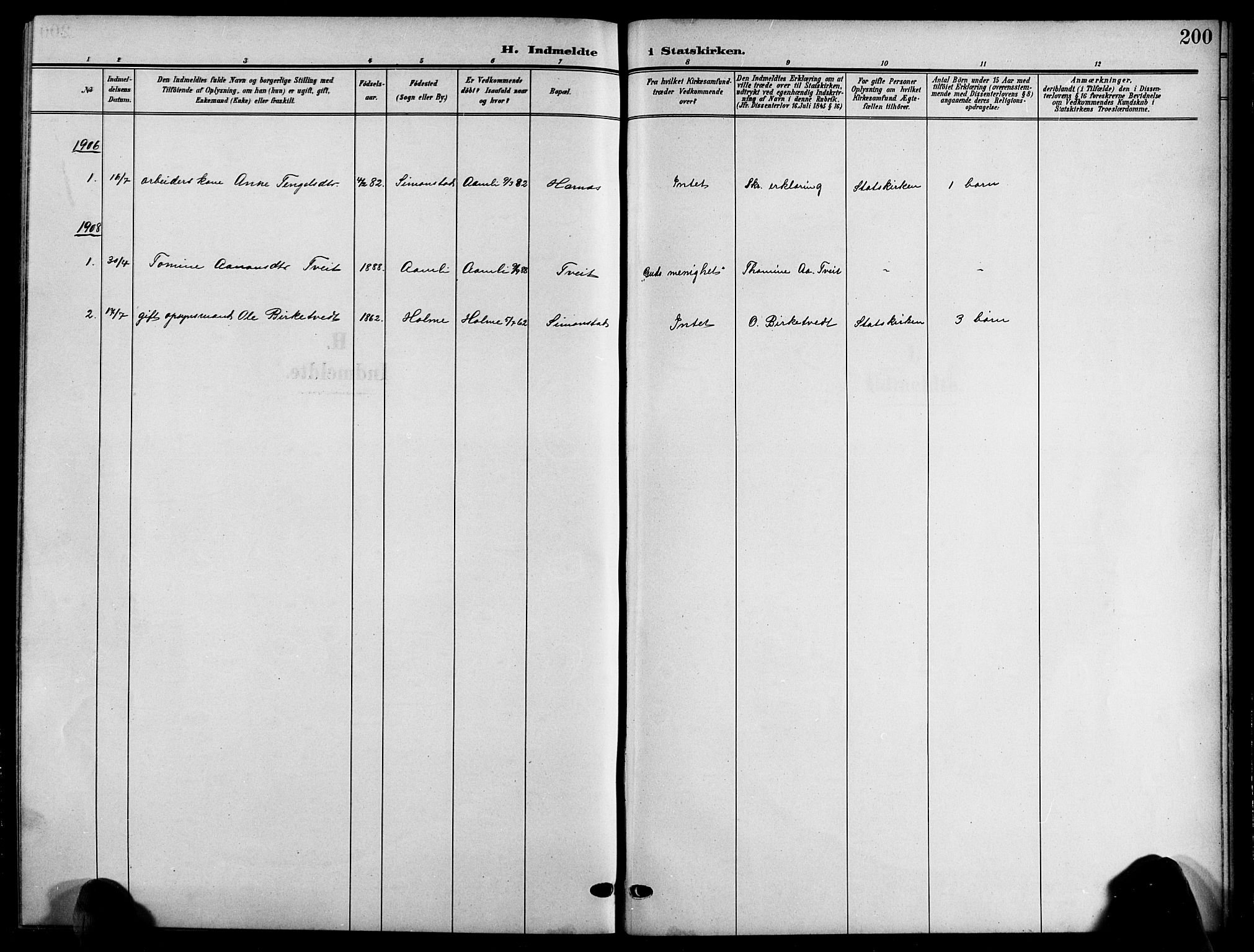 Åmli sokneprestkontor, SAK/1111-0050/F/Fb/Fbc/L0005: Klokkerbok nr. B 5, 1903-1916, s. 200