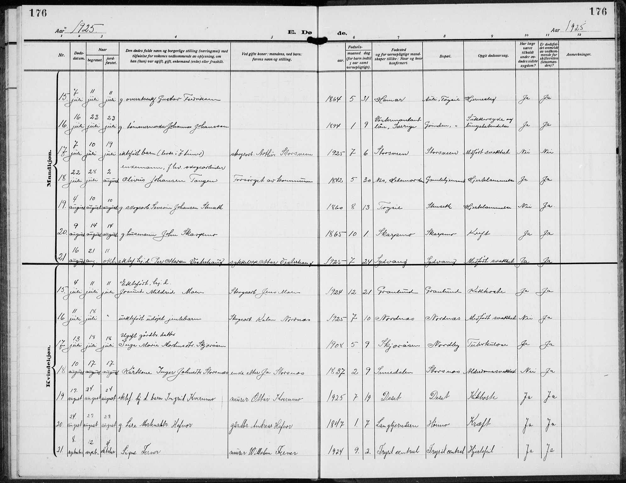 Trysil prestekontor, AV/SAH-PREST-046/H/Ha/Hab/L0010: Klokkerbok nr. 10, 1917-1937, s. 176