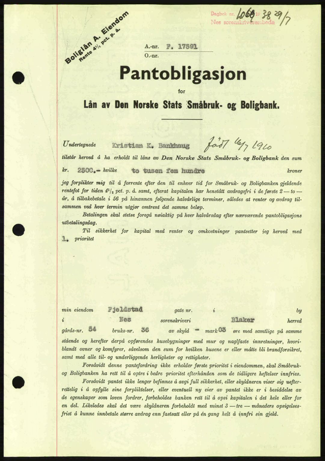 Nes tingrett, SAO/A-10548/G/Gb/Gbb/L0006: Pantebok nr. 50, 1938-1938, Dagboknr: 1060/1938