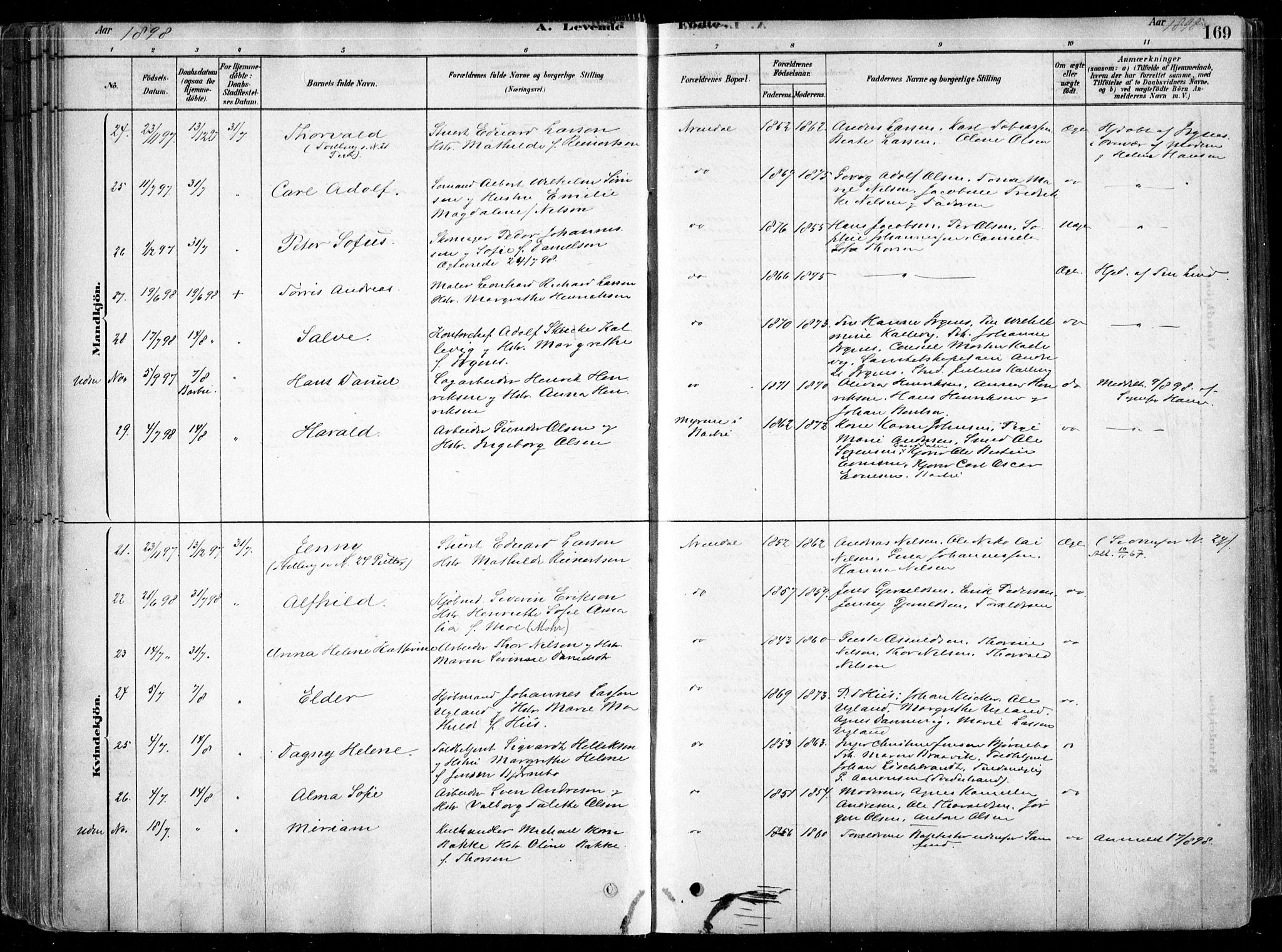 Arendal sokneprestkontor, Trefoldighet, AV/SAK-1111-0040/F/Fa/L0008: Ministerialbok nr. A 8, 1878-1899, s. 169