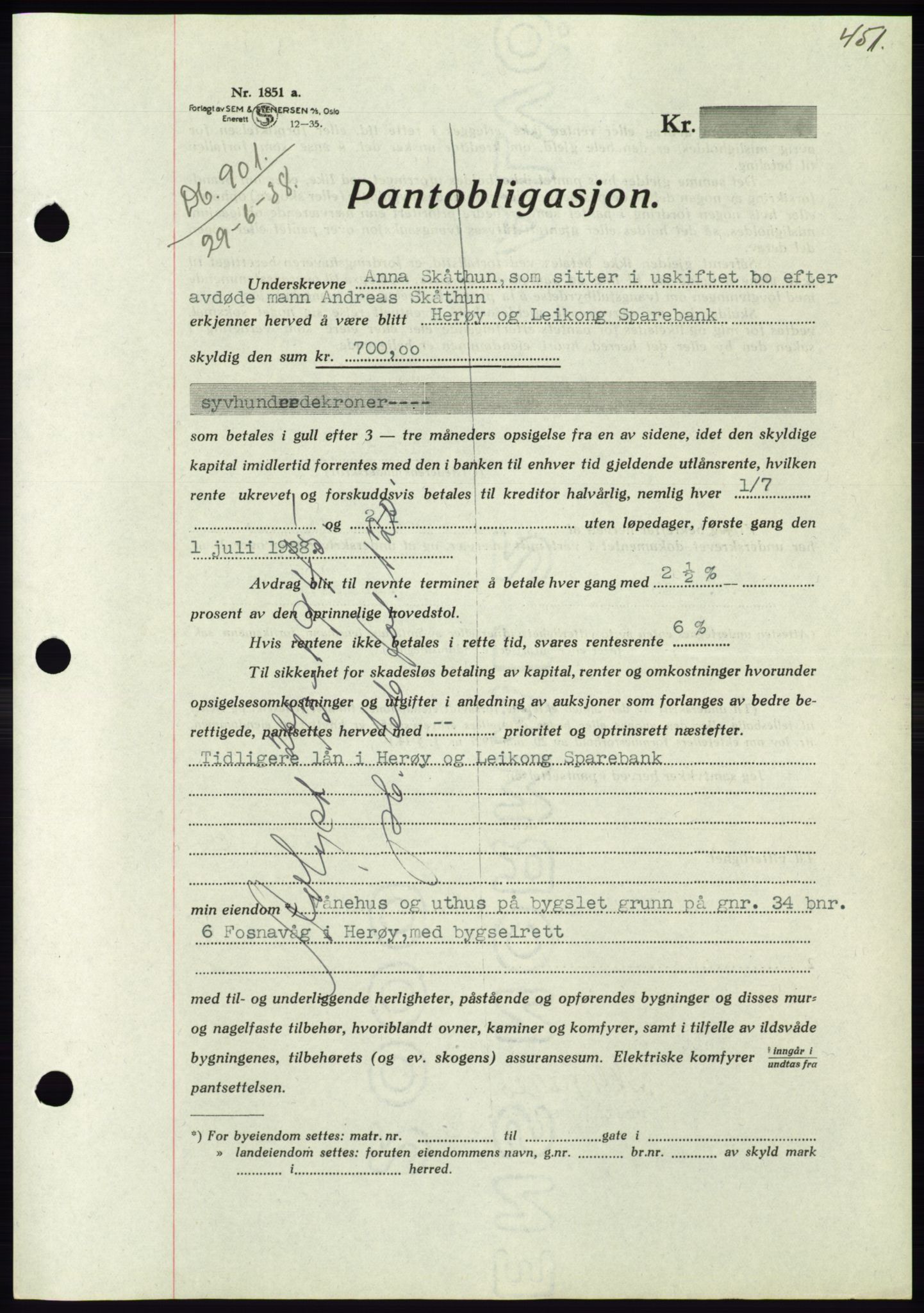 Søre Sunnmøre sorenskriveri, AV/SAT-A-4122/1/2/2C/L0065: Pantebok nr. 59, 1938-1938, Dagboknr: 901/1938