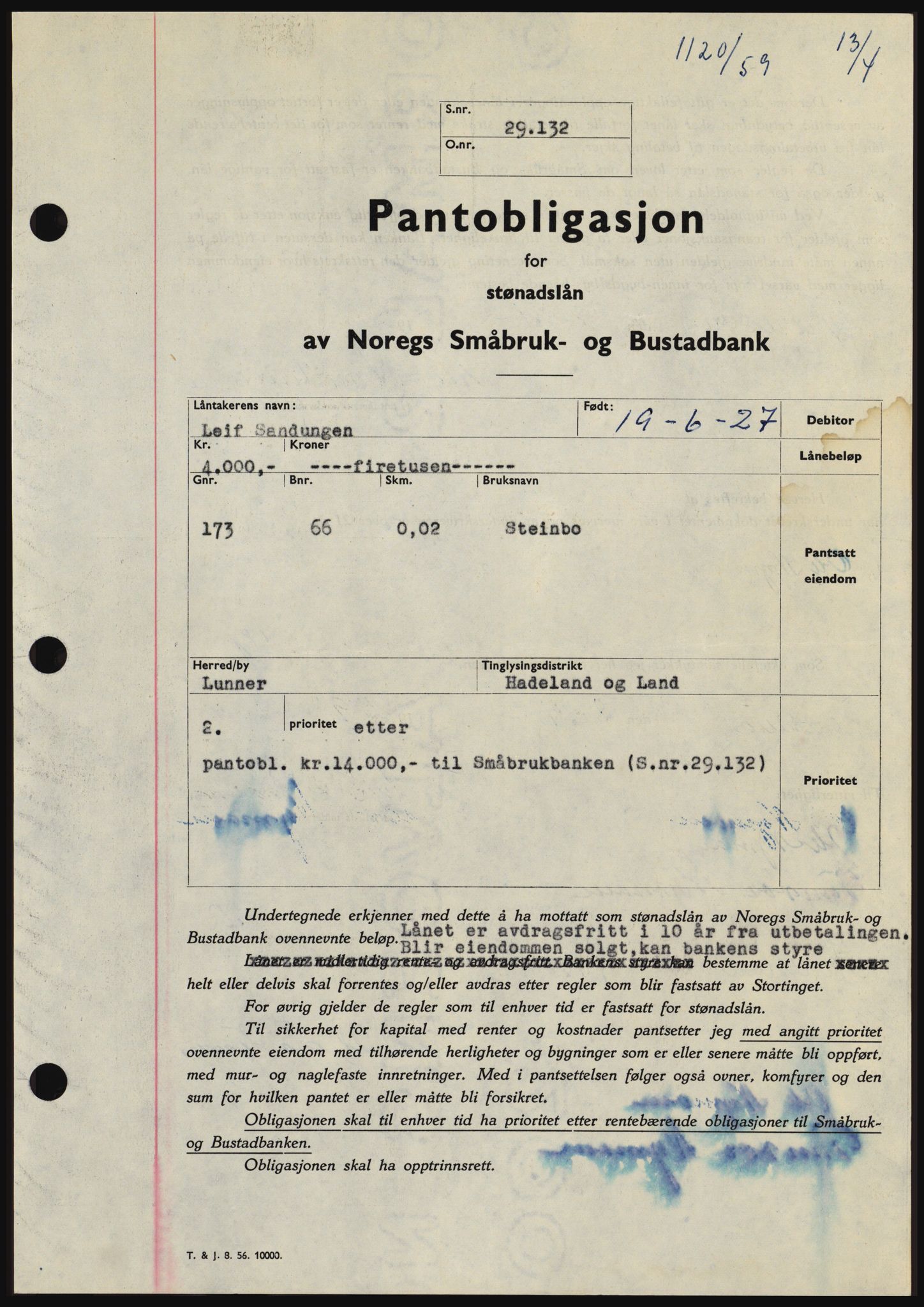 Hadeland og Land tingrett, SAH/TING-010/H/Hb/Hbc/L0040: Pantebok nr. B40, 1959-1959, Dagboknr: 1120/1959