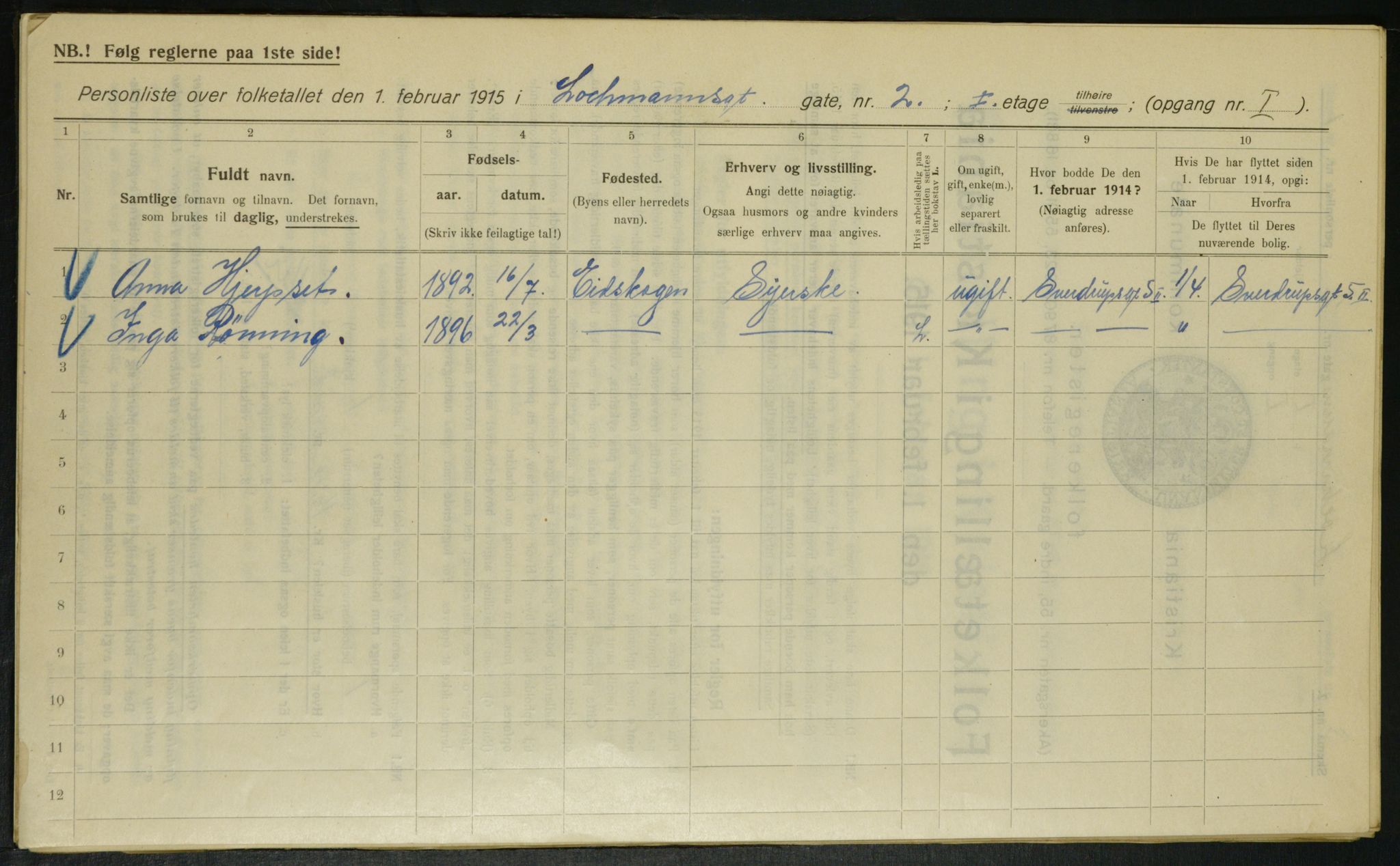 OBA, Kommunal folketelling 1.2.1915 for Kristiania, 1915, s. 81511