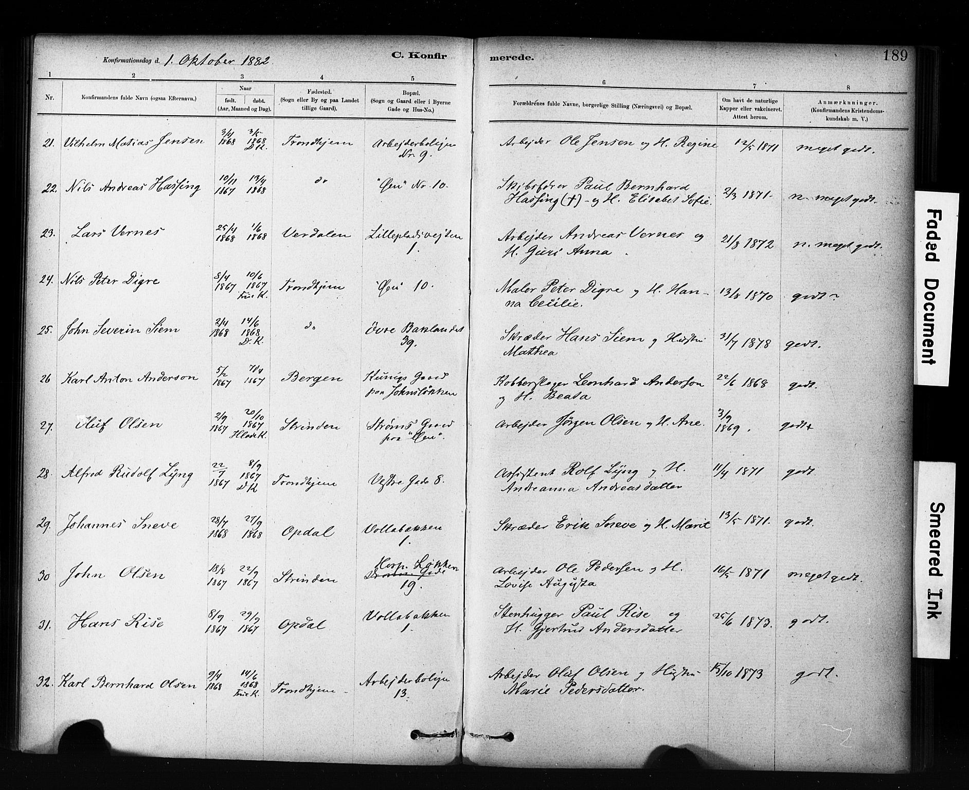 Ministerialprotokoller, klokkerbøker og fødselsregistre - Sør-Trøndelag, SAT/A-1456/601/L0071: Residerende kapellans bok nr. 601B04, 1882-1931, s. 189