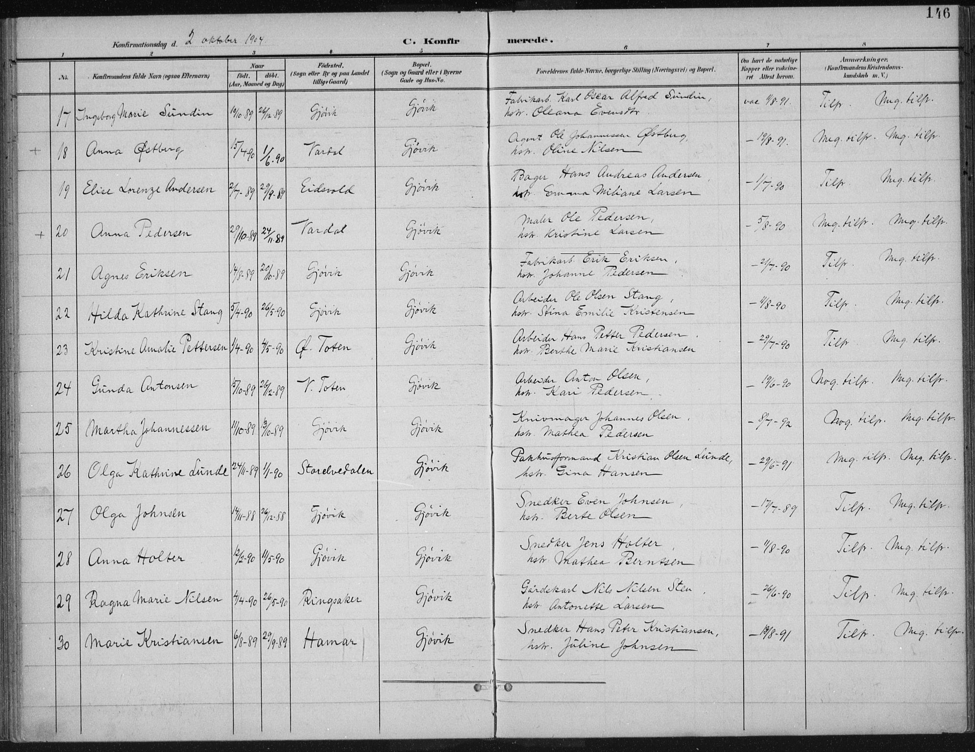 Vardal prestekontor, AV/SAH-PREST-100/H/Ha/Haa/L0013: Ministerialbok nr. 13, 1901-1911, s. 146