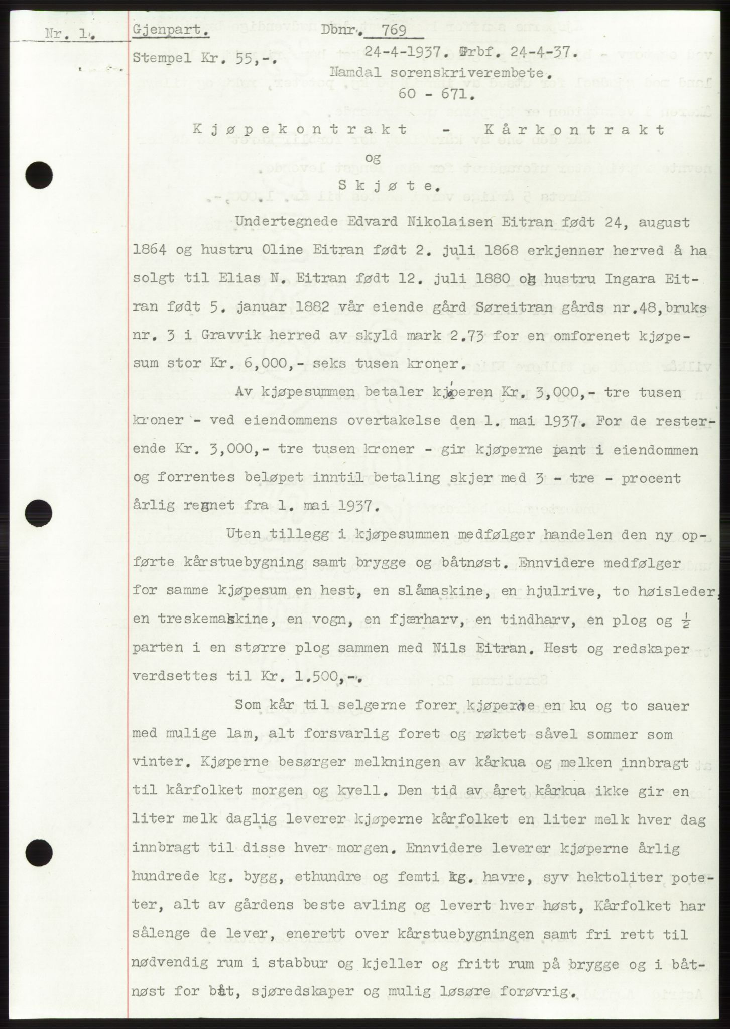 Namdal sorenskriveri, SAT/A-4133/1/2/2C: Pantebok nr. -, 1937-1939, Tingl.dato: 24.04.1937