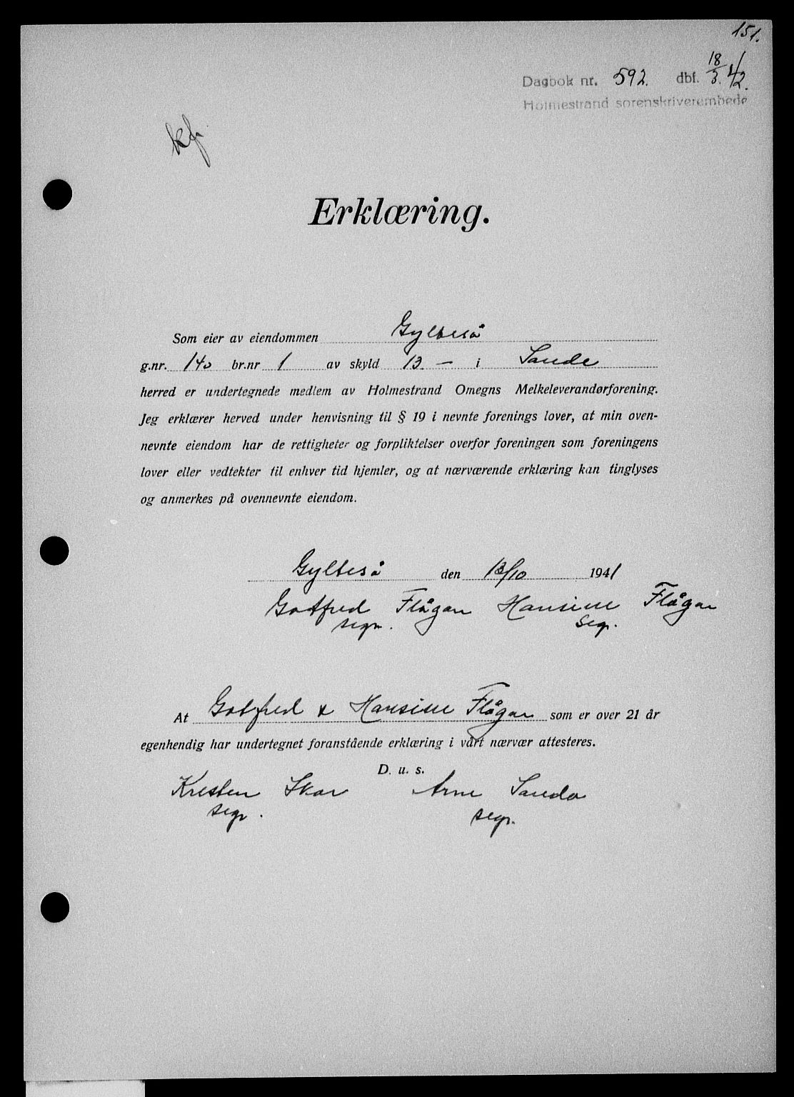 Holmestrand sorenskriveri, SAKO/A-67/G/Ga/Gaa/L0055: Pantebok nr. A-55, 1942-1942, Dagboknr: 592/1942