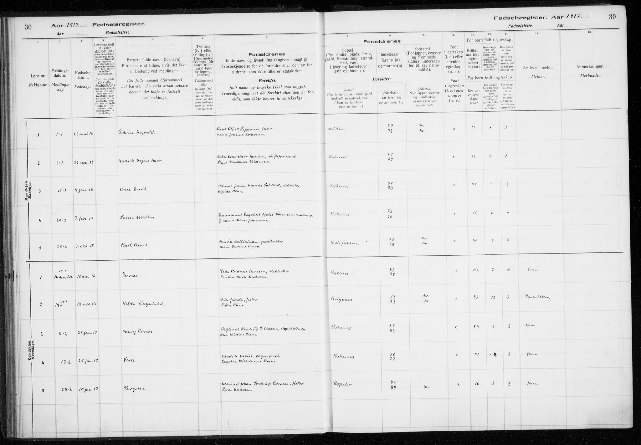 Sør-Varanger sokneprestkontor, SATØ/S-1331/I/Ia/L0016: Fødselsregister nr. 16, 1915-1925, s. 30