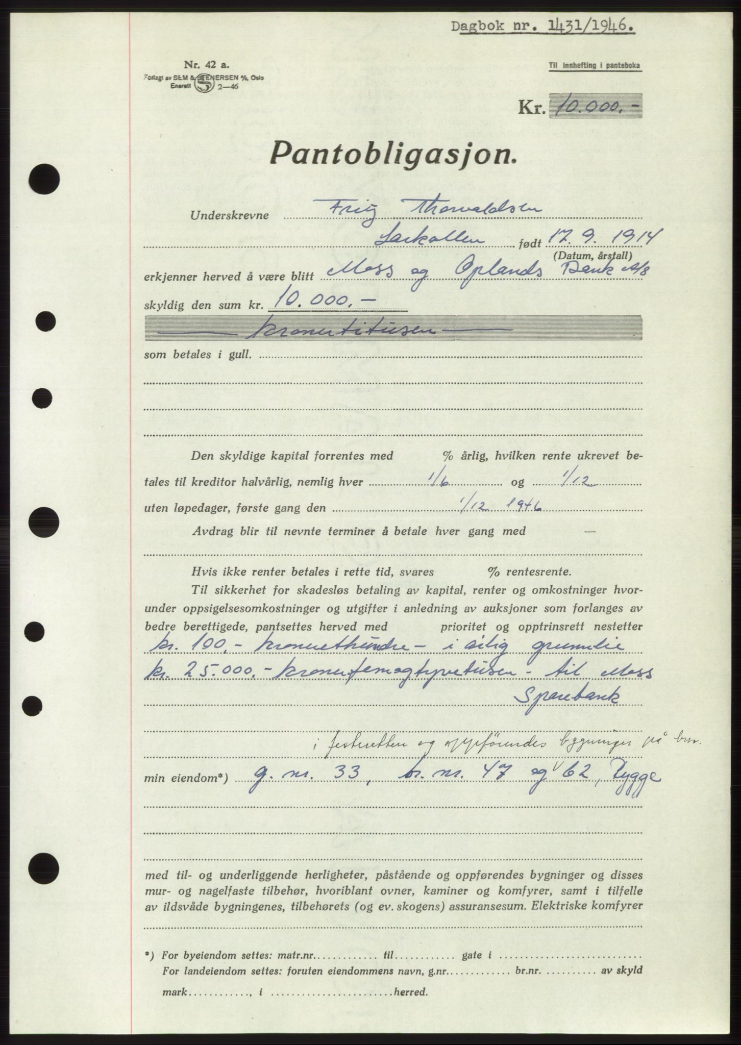 Moss sorenskriveri, SAO/A-10168: Pantebok nr. B15, 1946-1946, Dagboknr: 1431/1946