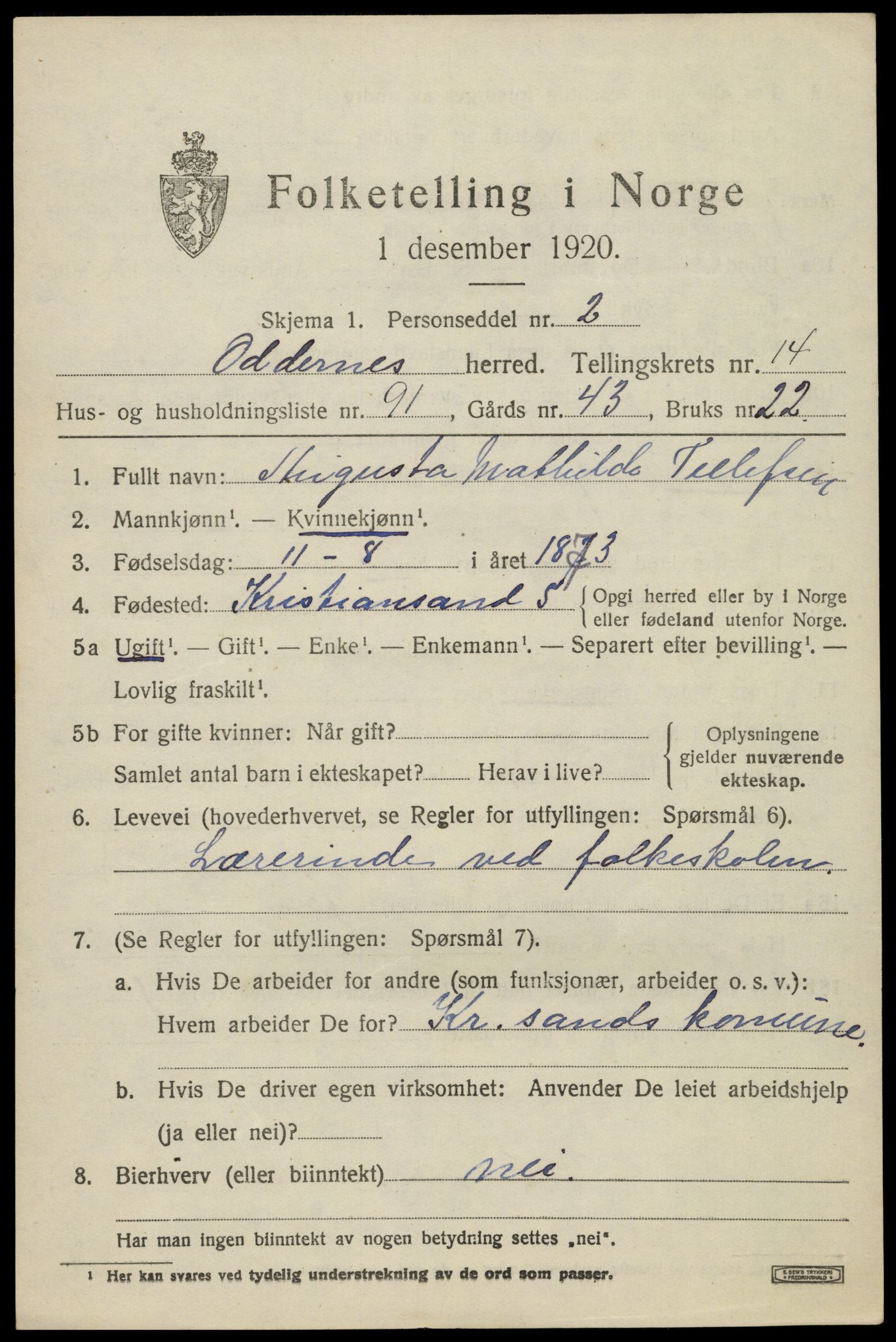 SAK, Folketelling 1920 for 1012 Oddernes herred, 1920, s. 9669