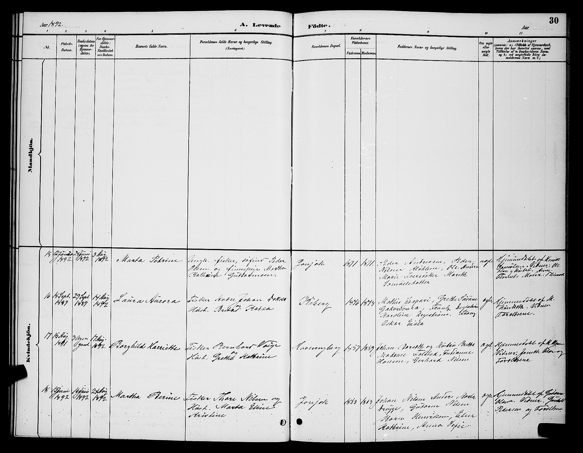 Vardø sokneprestkontor, AV/SATØ-S-1332/H/Hb/L0007klokker: Klokkerbok nr. 7, 1887-1892, s. 30