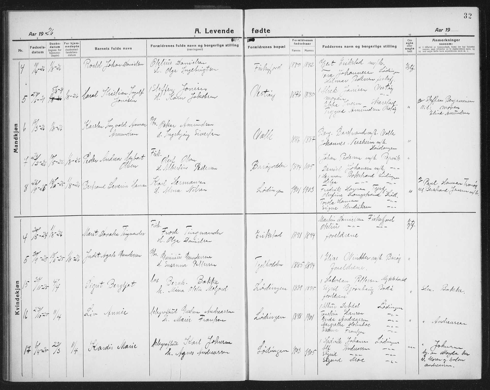 Ministerialprotokoller, klokkerbøker og fødselsregistre - Nordland, AV/SAT-A-1459/872/L1049: Klokkerbok nr. 872C05, 1920-1938, s. 32