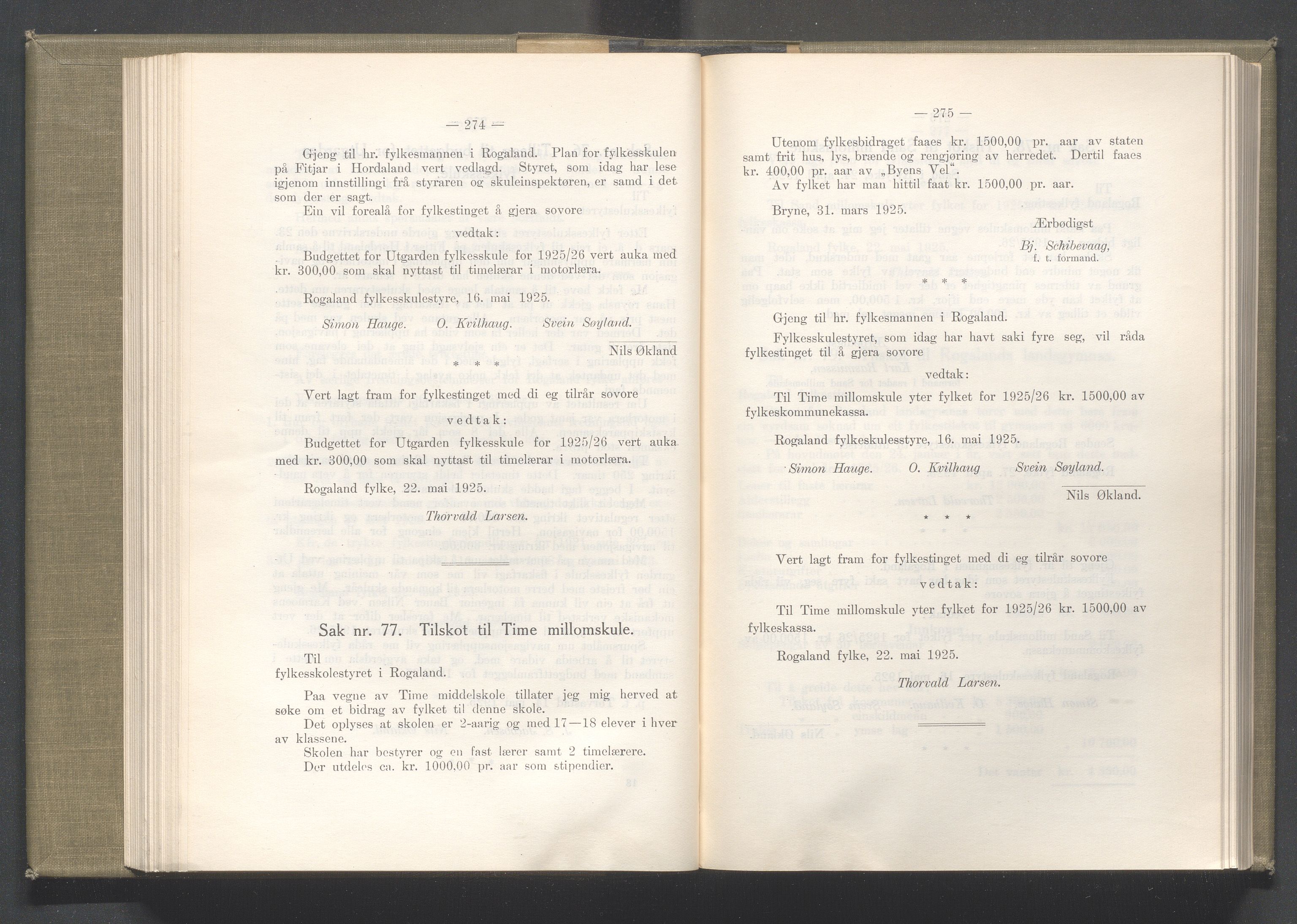 Rogaland fylkeskommune - Fylkesrådmannen , IKAR/A-900/A/Aa/Aaa/L0044: Møtebok , 1925, s. 274-275