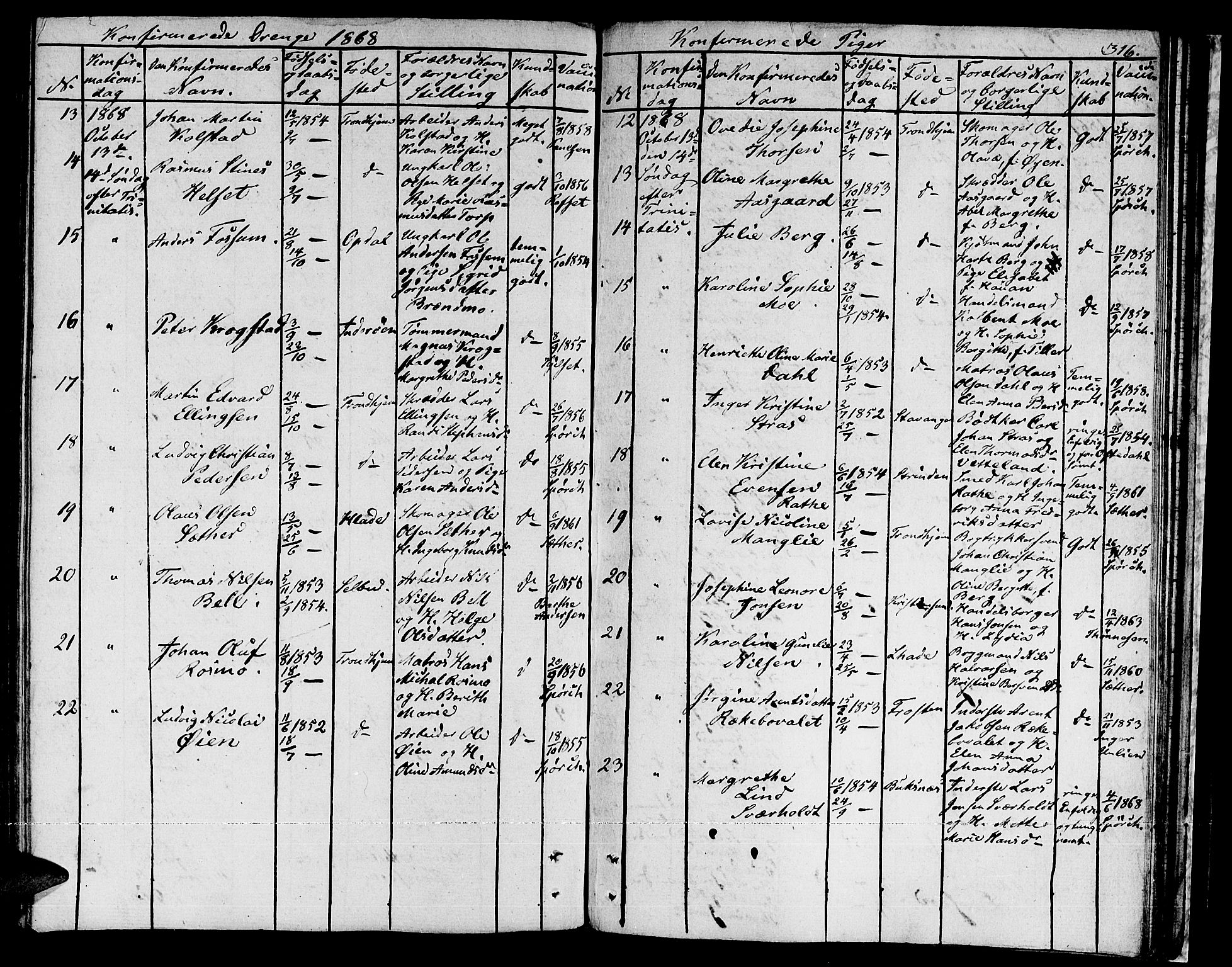 Ministerialprotokoller, klokkerbøker og fødselsregistre - Sør-Trøndelag, SAT/A-1456/601/L0070: Residerende kapellans bok nr. 601B03, 1821-1881, s. 316