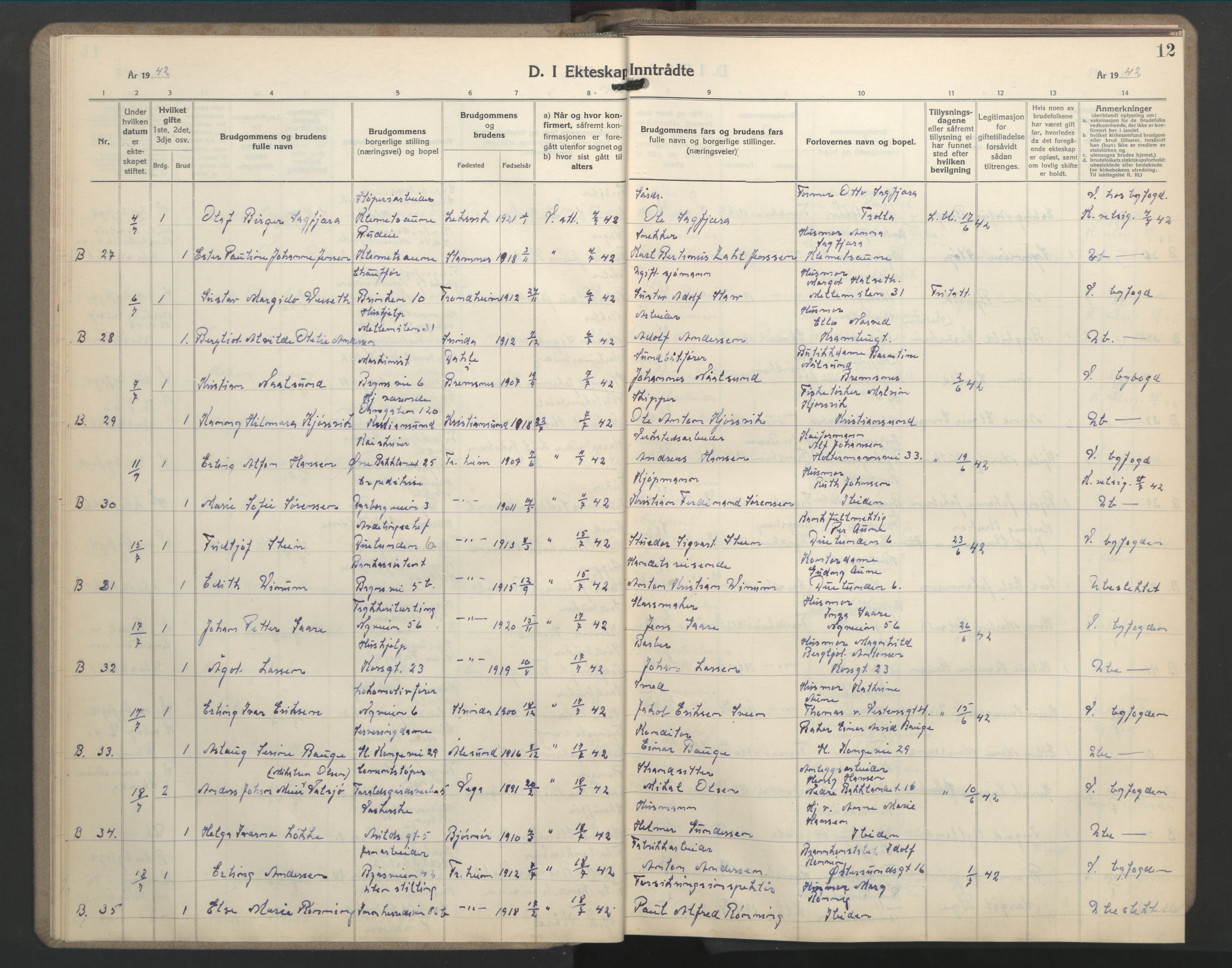 Ministerialprotokoller, klokkerbøker og fødselsregistre - Sør-Trøndelag, AV/SAT-A-1456/603/L0177: Klokkerbok nr. 603C05, 1941-1952, s. 12