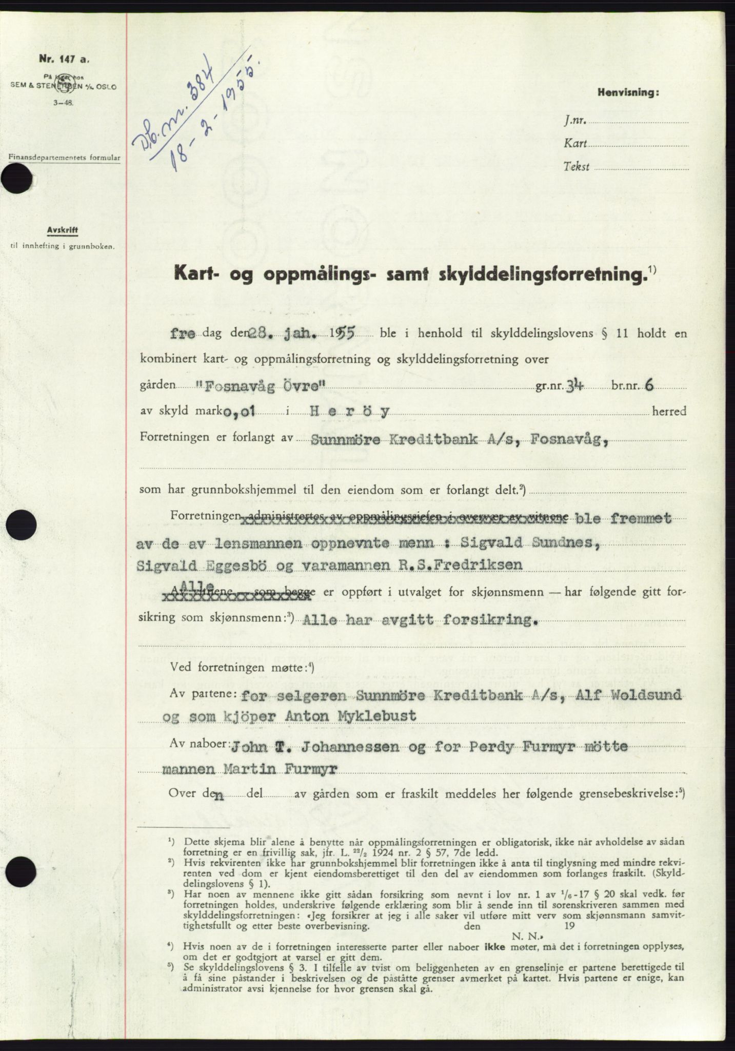 Søre Sunnmøre sorenskriveri, SAT/A-4122/1/2/2C/L0100: Pantebok nr. 26A, 1954-1955, Dagboknr: 384/1955