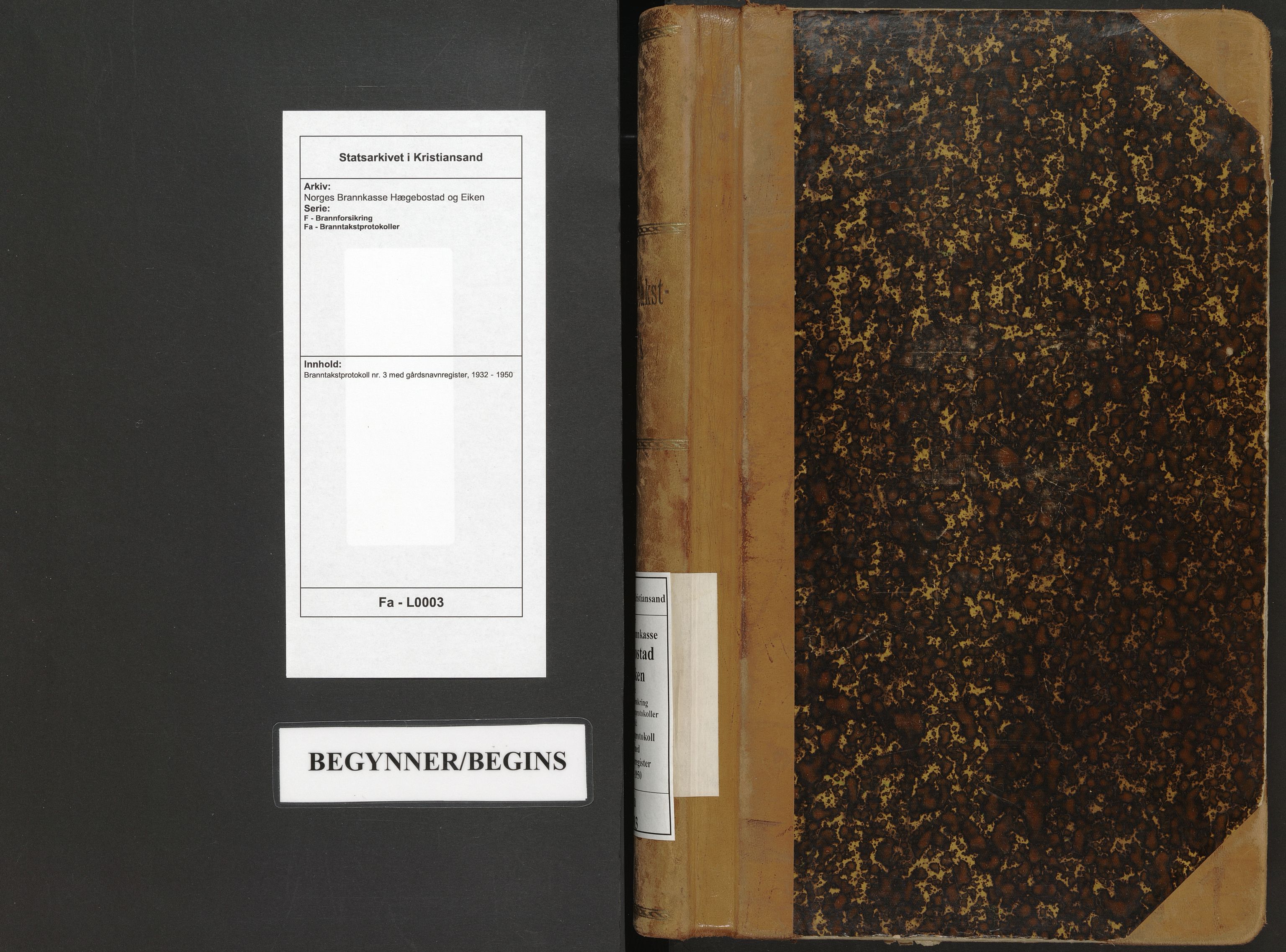 Norges Brannkasse Hægebostad og Eiken, SAK/2241-0027/F/Fa/L0003: Branntakstprotokoll nr. 3 med gårdsnavnregister, 1932-1950