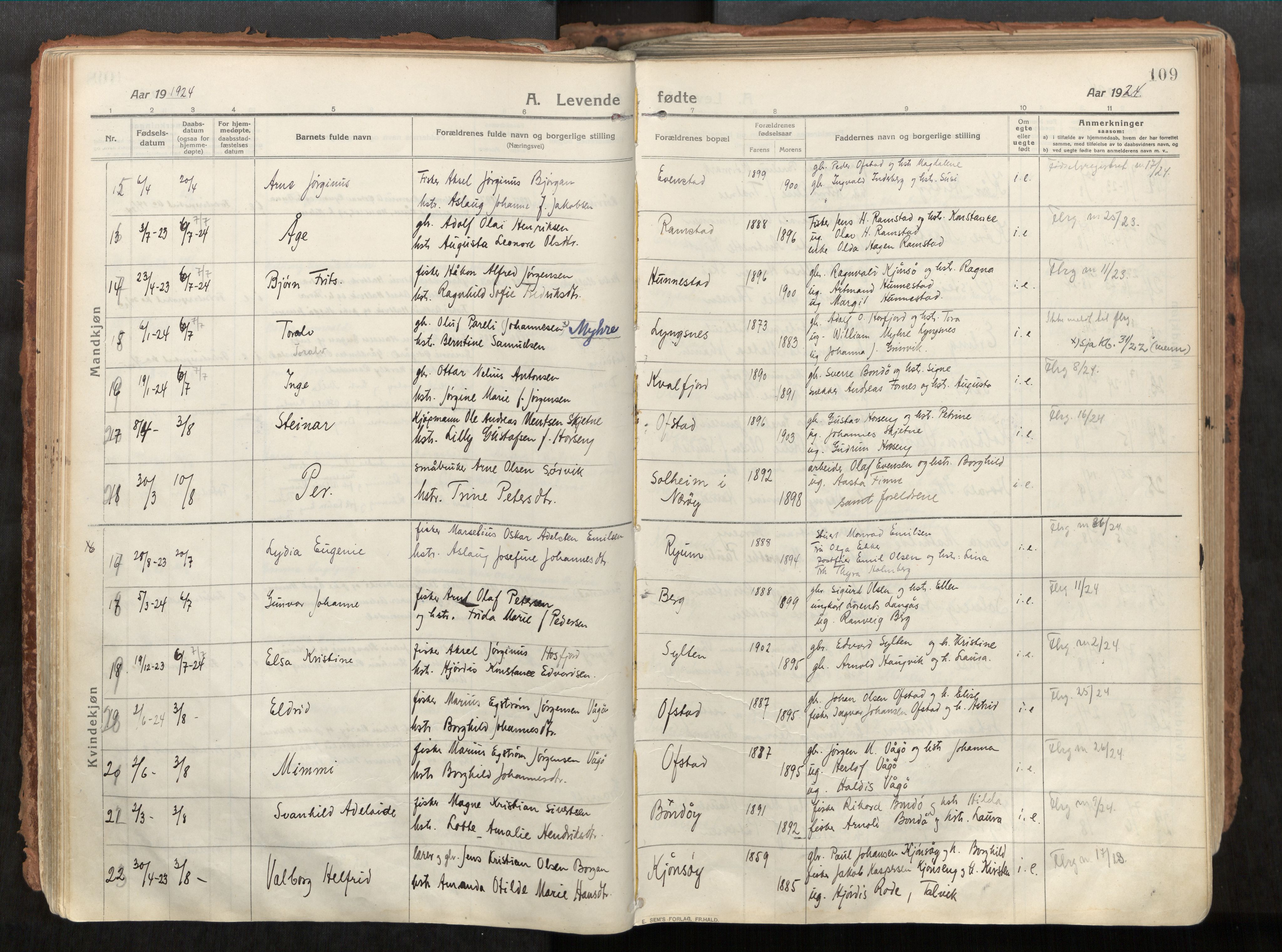 Vikna sokneprestkontor, AV/SAT-A-1173/1/I/I1/I1a/L0001: Ministerialbok nr. 1, 1913-1934, s. 109