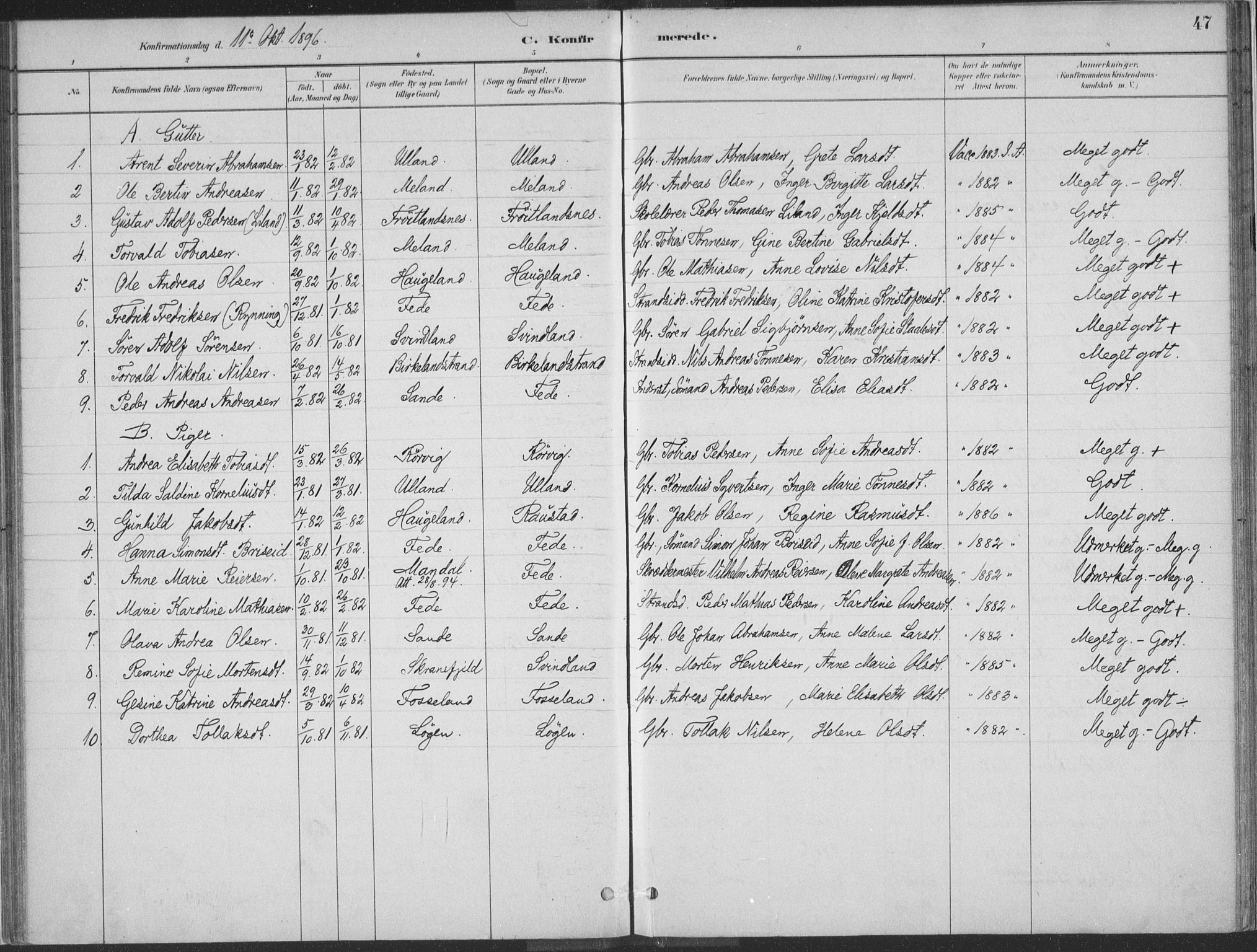 Kvinesdal sokneprestkontor, AV/SAK-1111-0026/F/Fa/Faa/L0004: Ministerialbok nr. A 4, 1882-1897, s. 47