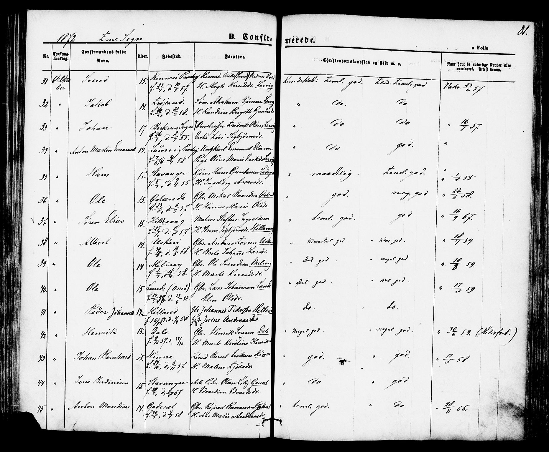 Hetland sokneprestkontor, AV/SAST-A-101826/30/30BA/L0004: Ministerialbok nr. A 4, 1862-1881, s. 81