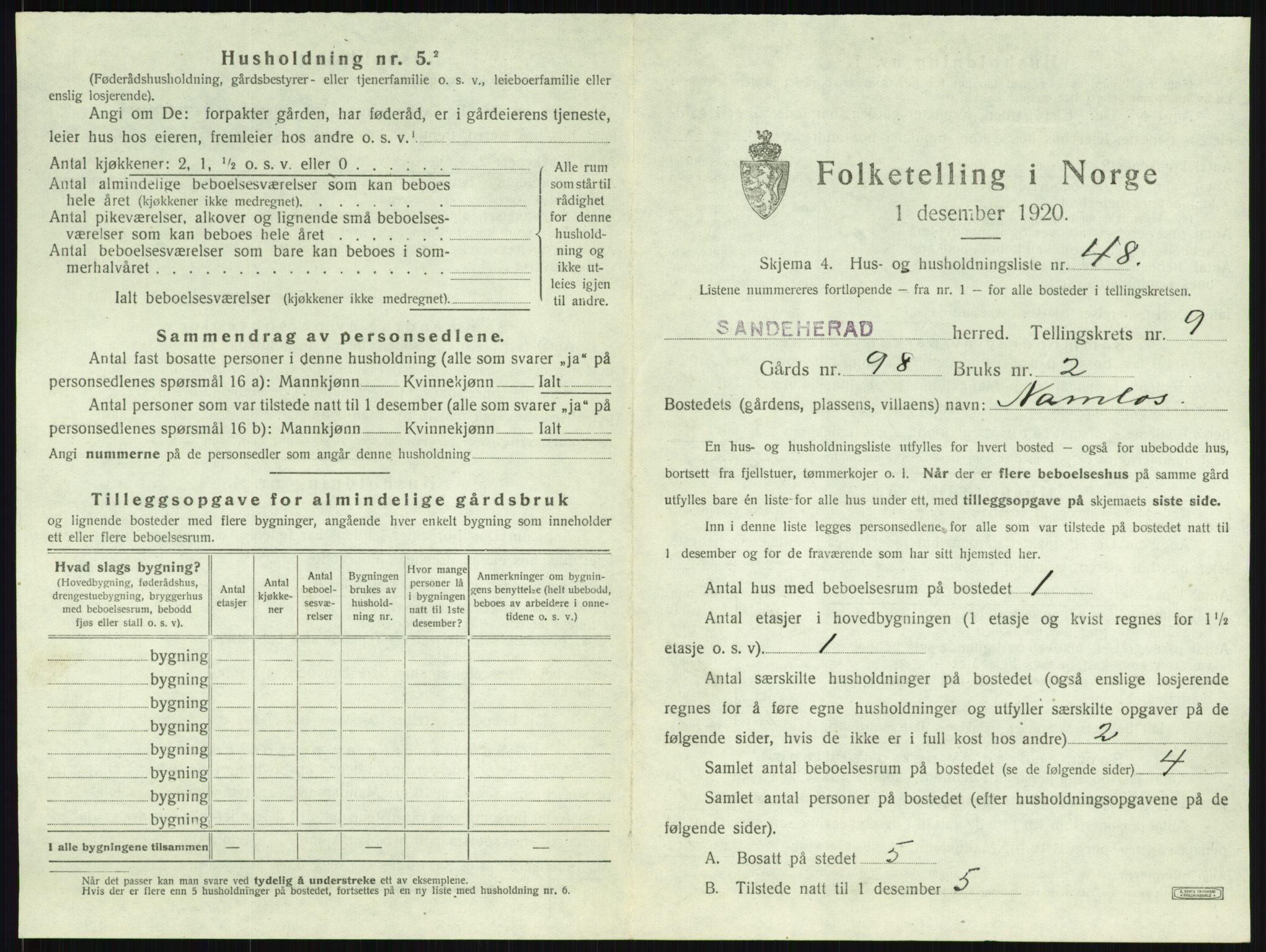 SAKO, Folketelling 1920 for 0724 Sandeherred herred, 1920, s. 2033