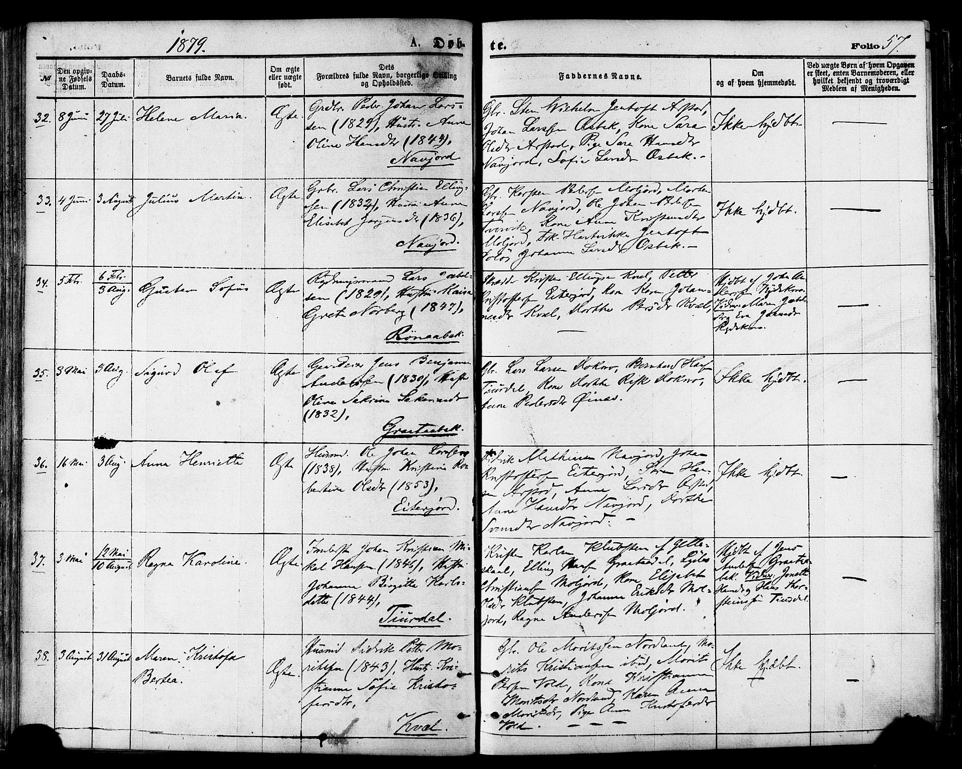 Ministerialprotokoller, klokkerbøker og fødselsregistre - Nordland, AV/SAT-A-1459/846/L0645: Ministerialbok nr. 846A03, 1872-1886, s. 57