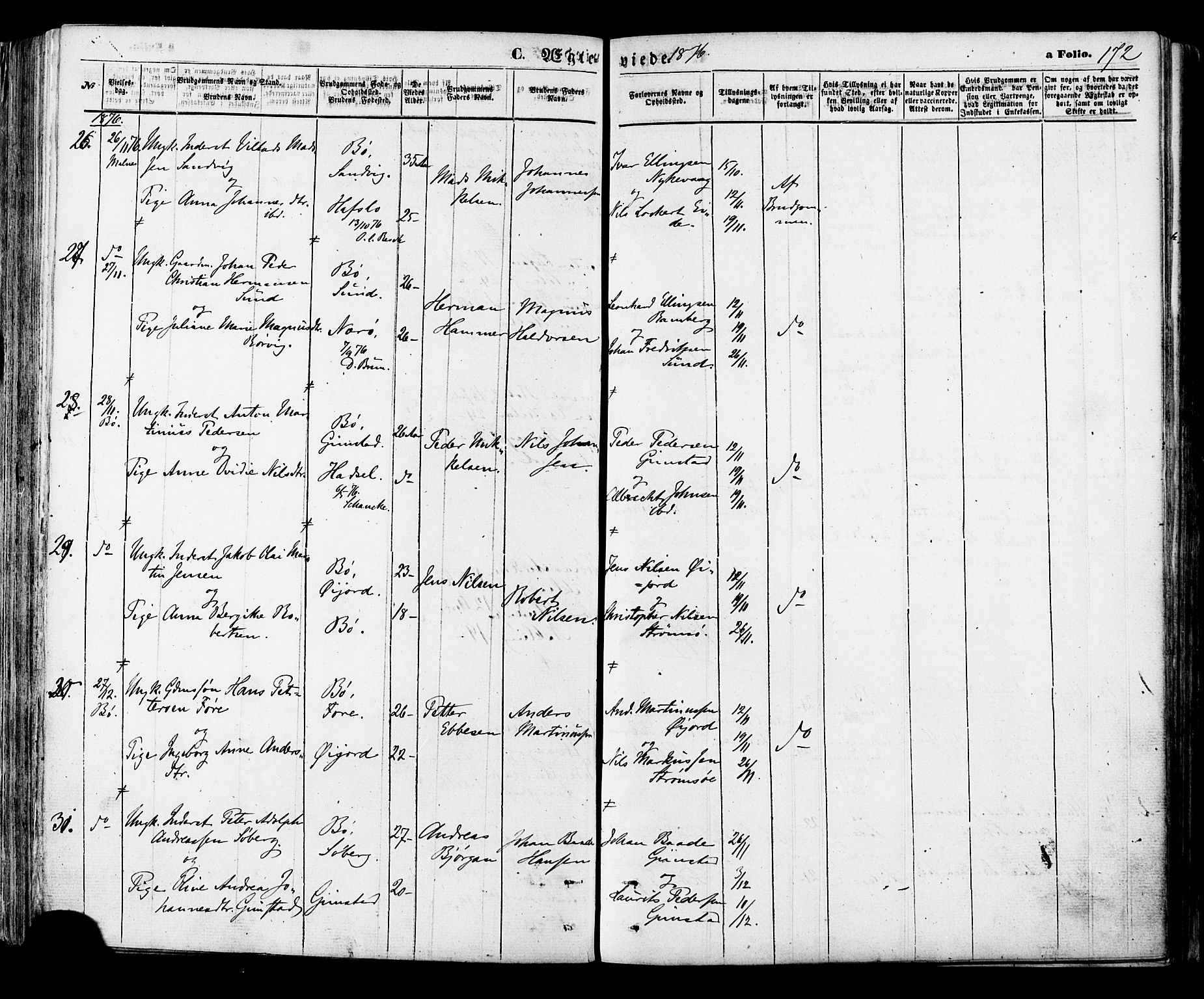 Ministerialprotokoller, klokkerbøker og fødselsregistre - Nordland, AV/SAT-A-1459/891/L1301: Ministerialbok nr. 891A06, 1870-1878, s. 172