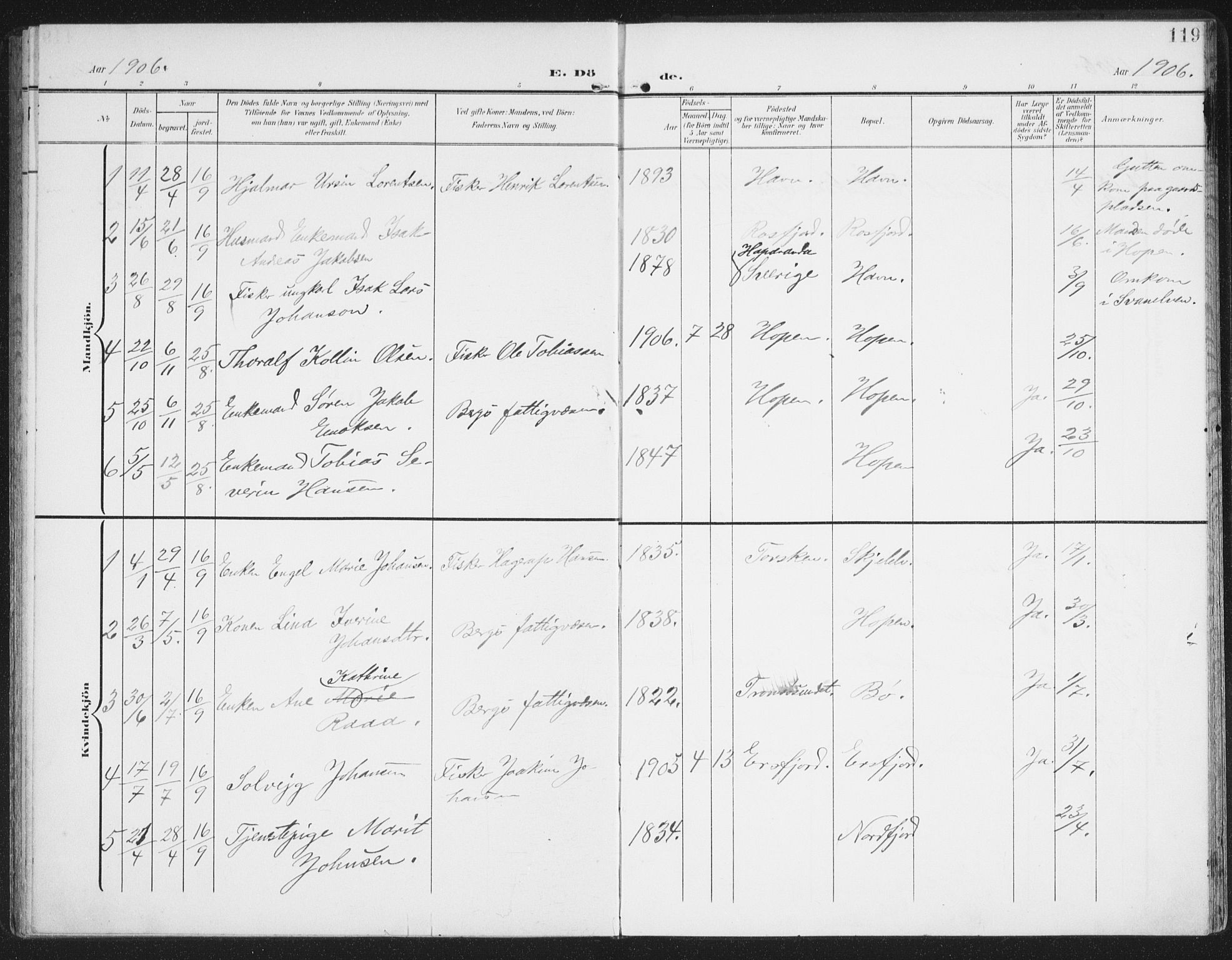 Berg sokneprestkontor, AV/SATØ-S-1318/G/Ga/Gaa/L0007kirke: Ministerialbok nr. 7, 1906-1915, s. 119