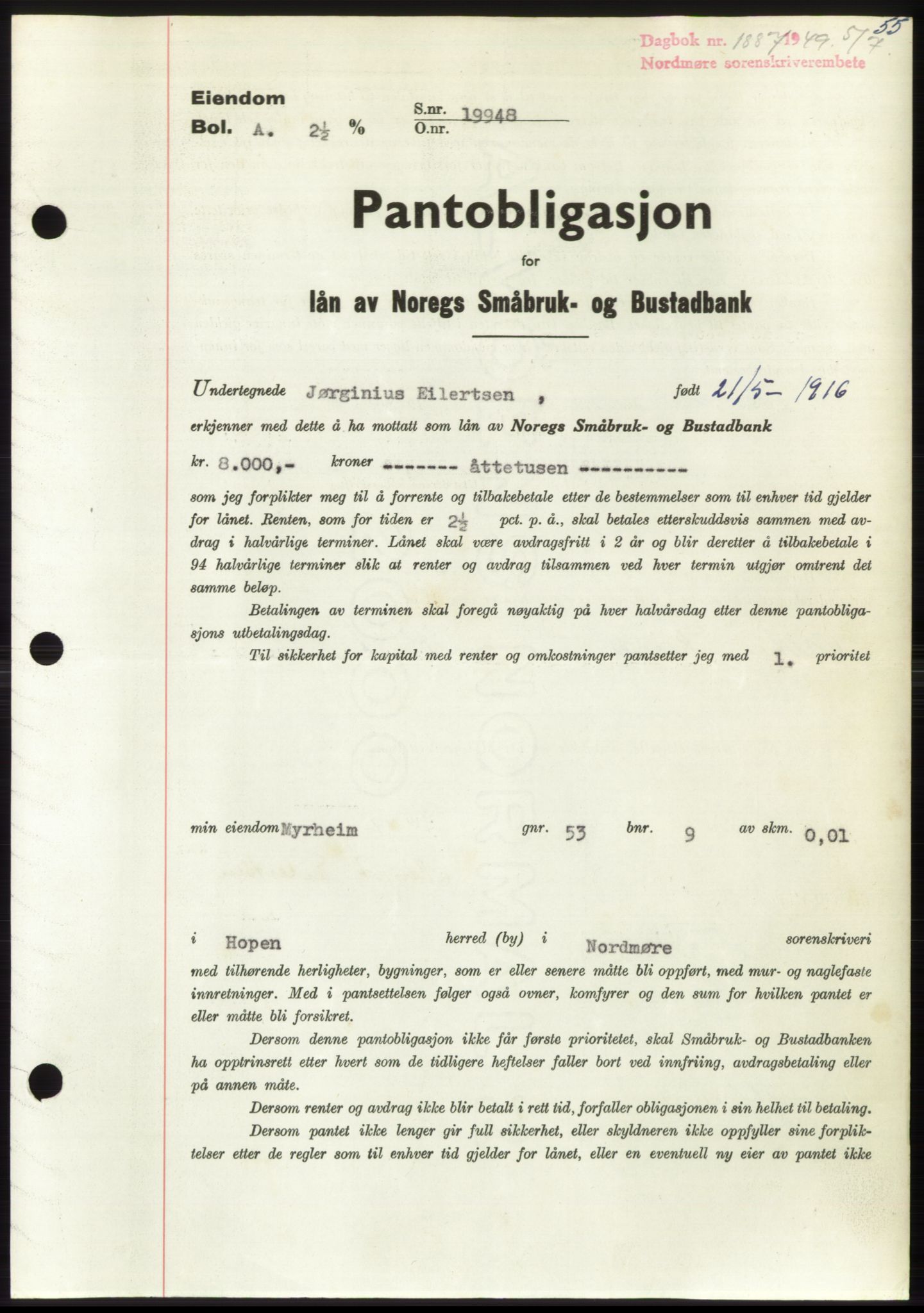 Nordmøre sorenskriveri, SAT/A-4132/1/2/2Ca: Pantebok nr. B102, 1949-1949, Dagboknr: 1887/1949