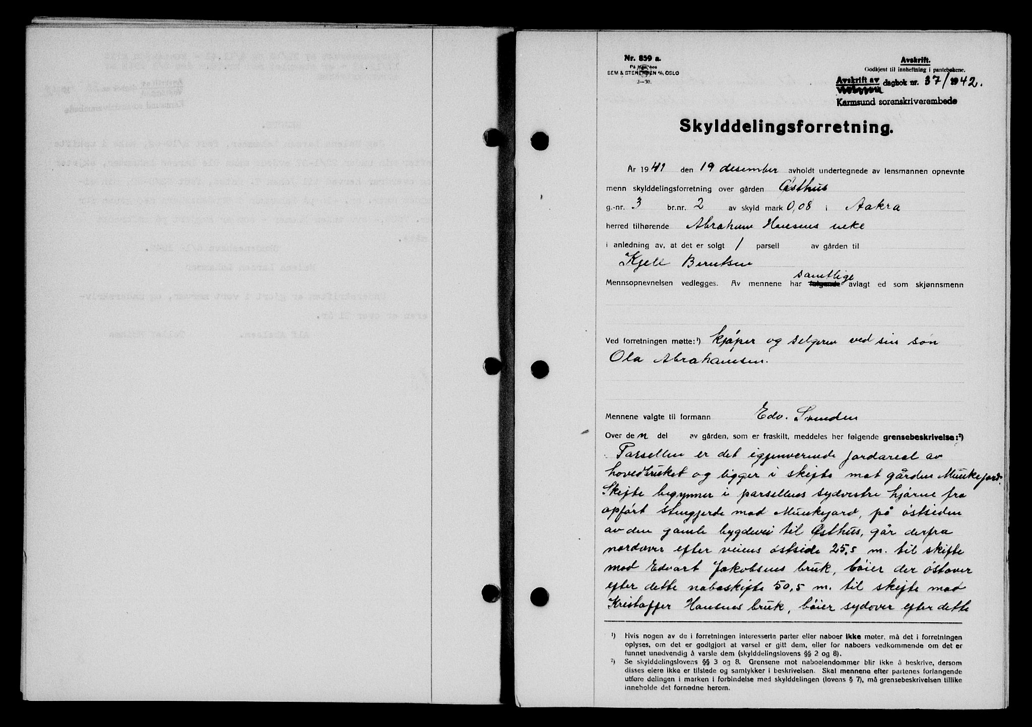 Karmsund sorenskriveri, SAST/A-100311/01/II/IIB/L0077: Pantebok nr. 58A, 1942-1942, Dagboknr: 37/1942