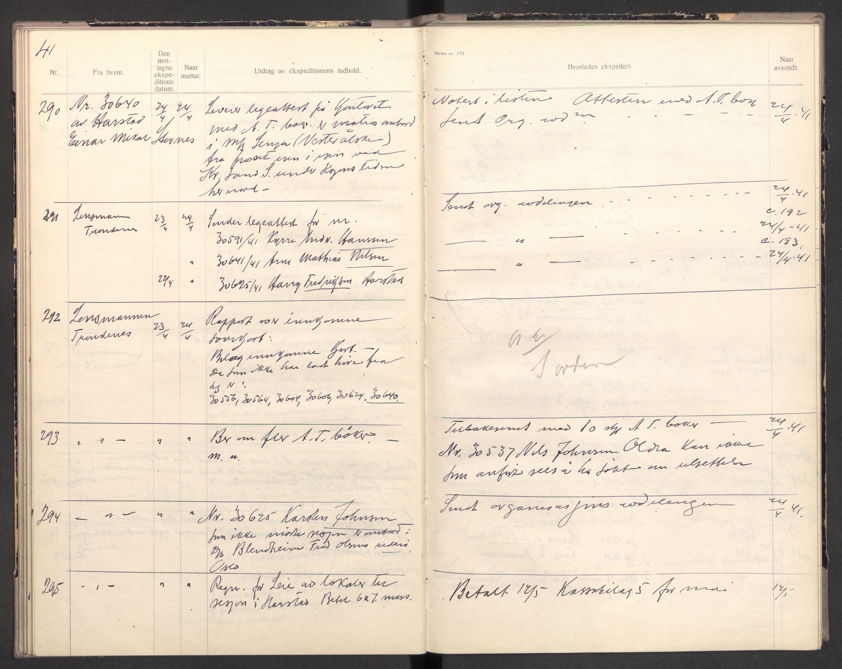 Norges arbeidstjeneste, AV/RA-S-5014/C/Ca/L0001: Journal for utskrivning Nordland og Troms, 1940-1942, s. 65