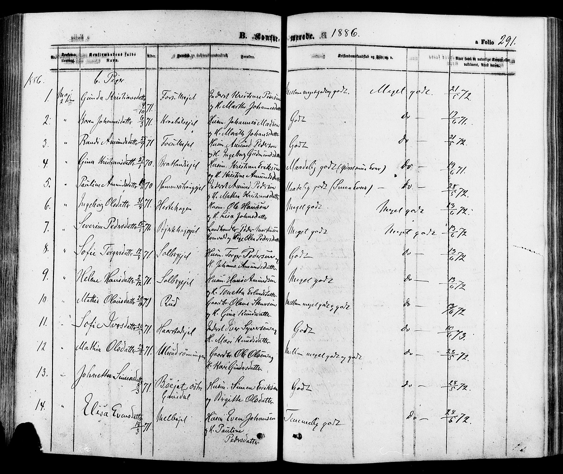 Gausdal prestekontor, SAH/PREST-090/H/Ha/Haa/L0010: Ministerialbok nr. 10, 1867-1886, s. 291