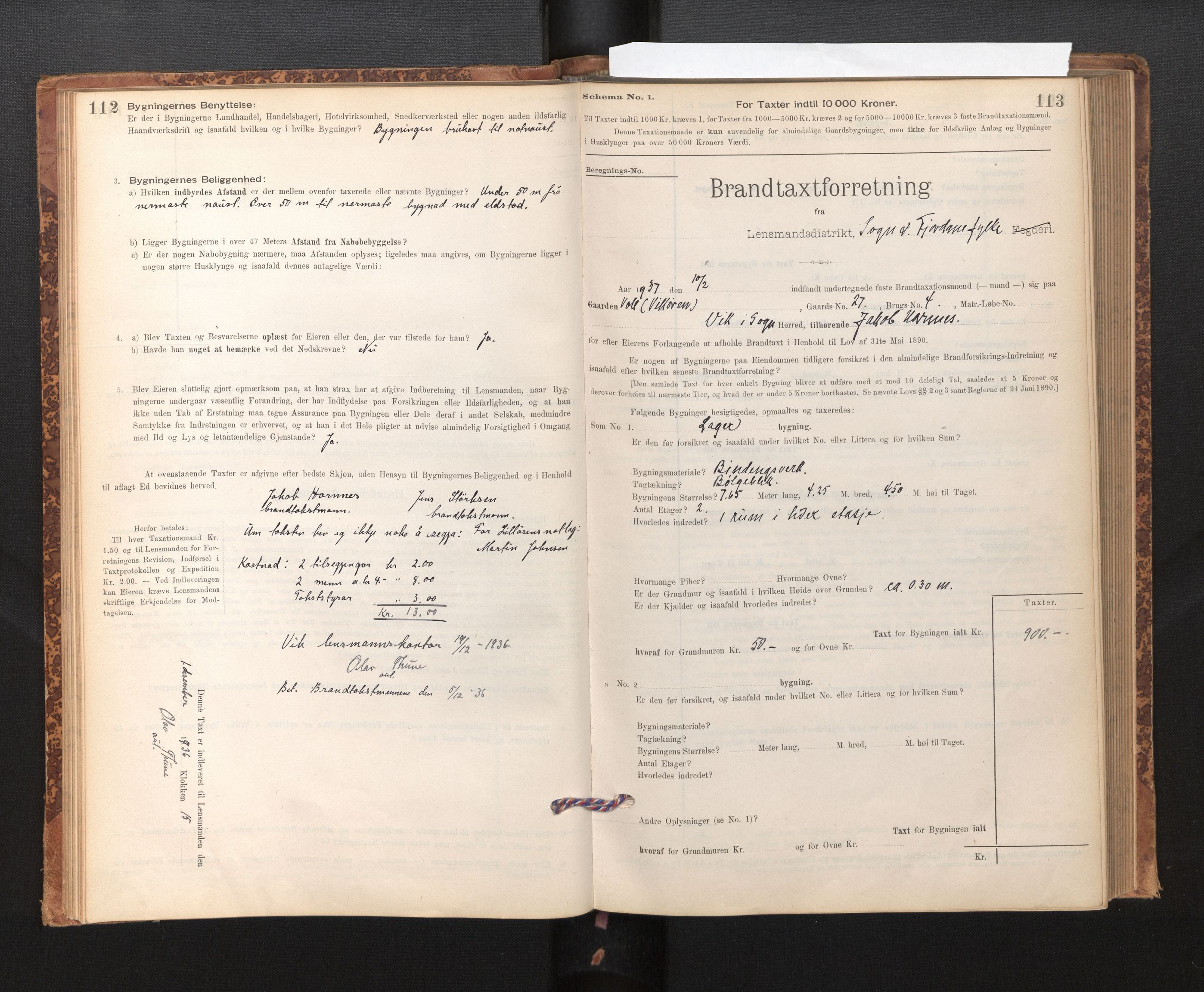 Lensmannen i Vik, SAB/A-30301/0012/L0006: Branntakstprotokoll, skjematakst, 1896-1949, s. 112-113
