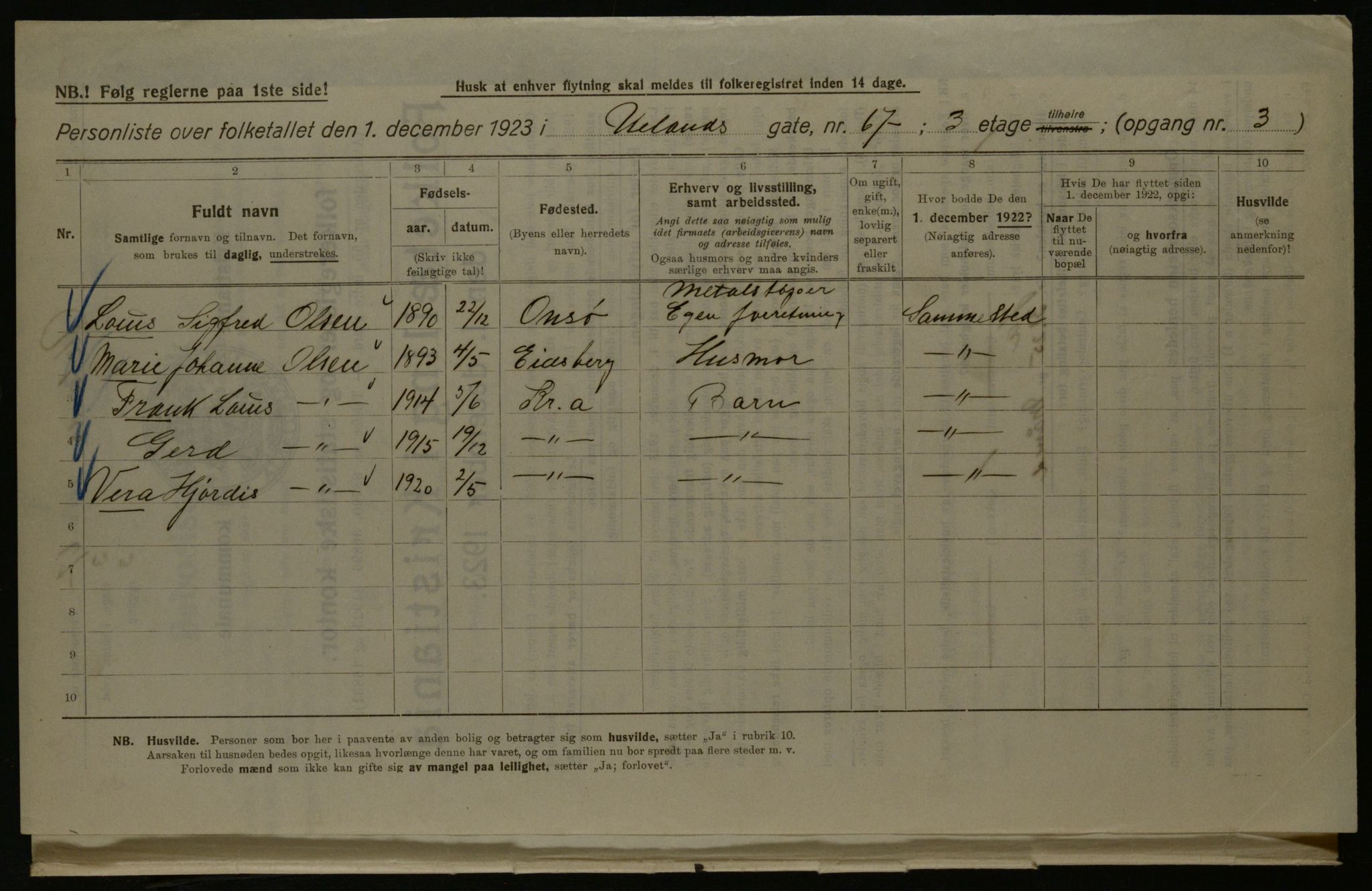 OBA, Kommunal folketelling 1.12.1923 for Kristiania, 1923, s. 131198