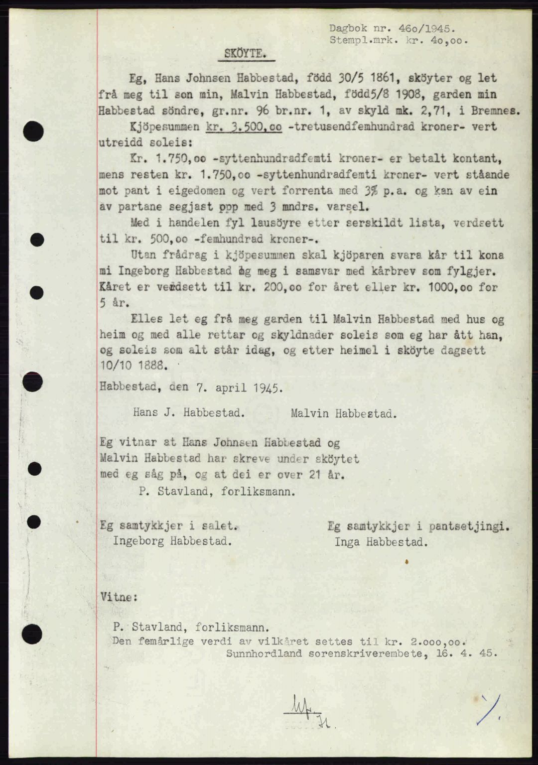 Sunnhordland sorenskrivar, AV/SAB-A-2401: Pantebok nr. A77, 1945-1945, Dagboknr: 460/1945
