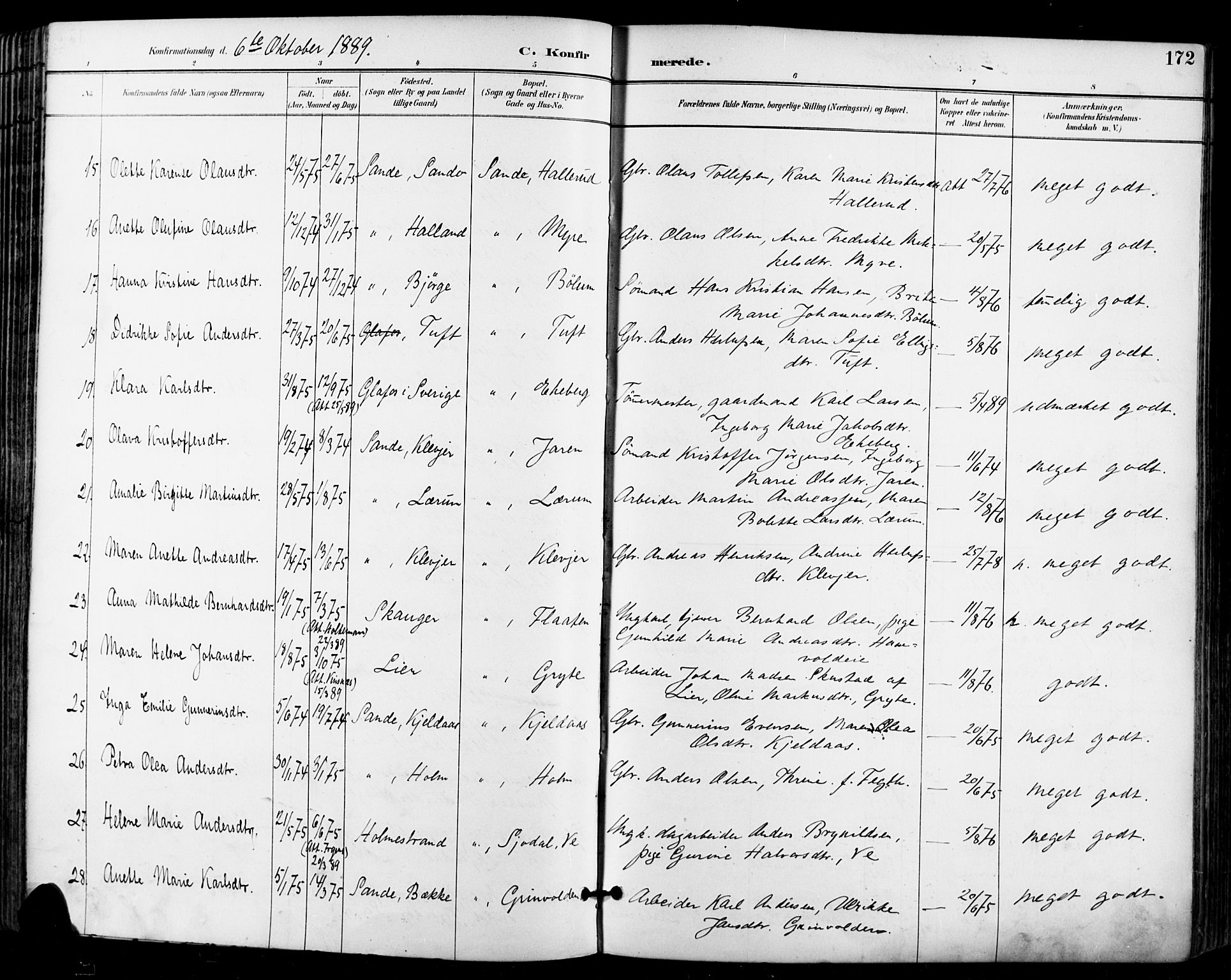 Sande Kirkebøker, AV/SAKO-A-53/F/Fa/L0007: Ministerialbok nr. 7, 1888-1903, s. 172