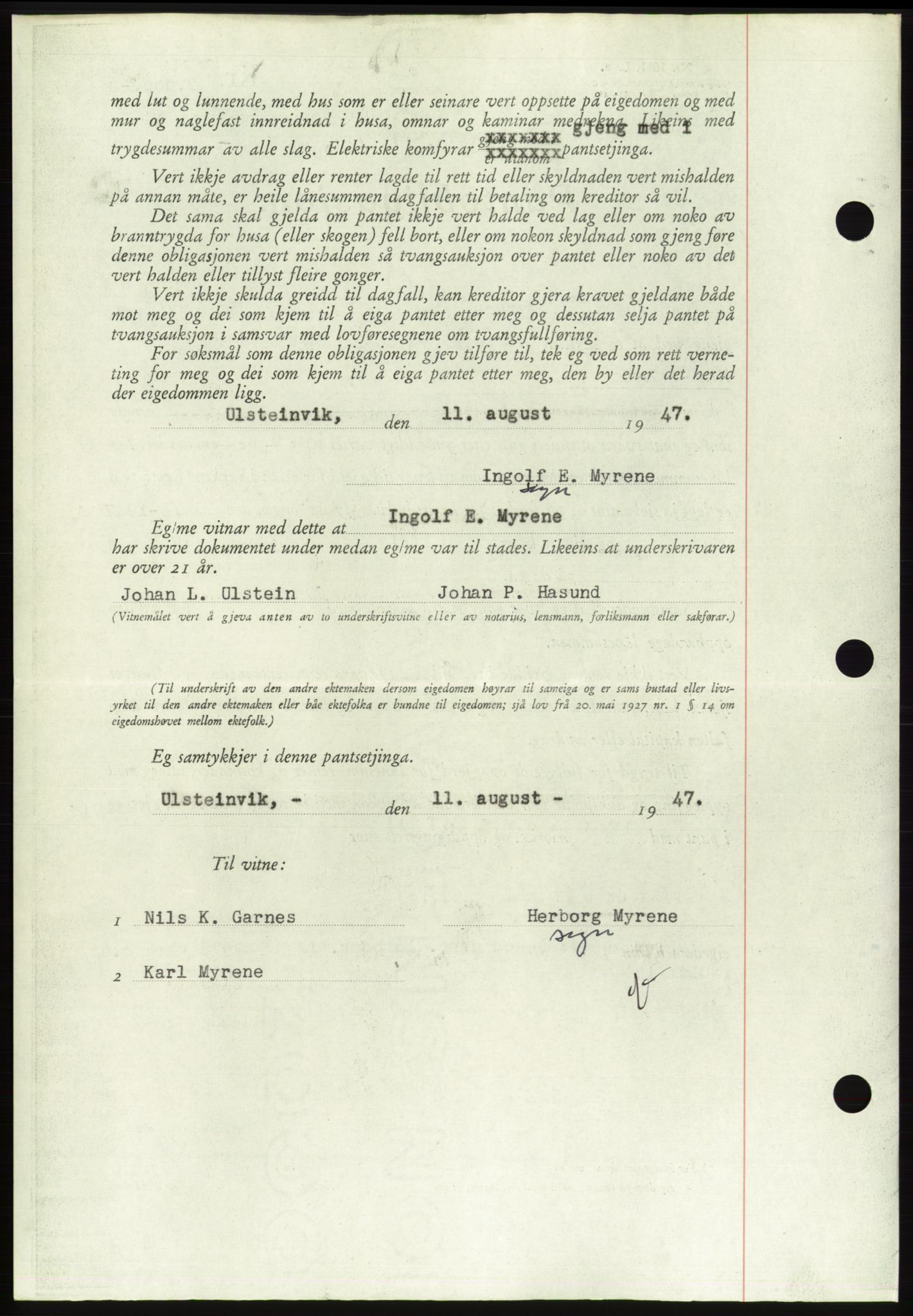 Søre Sunnmøre sorenskriveri, AV/SAT-A-4122/1/2/2C/L0115: Pantebok nr. 3B, 1947-1948, Dagboknr: 1098/1947