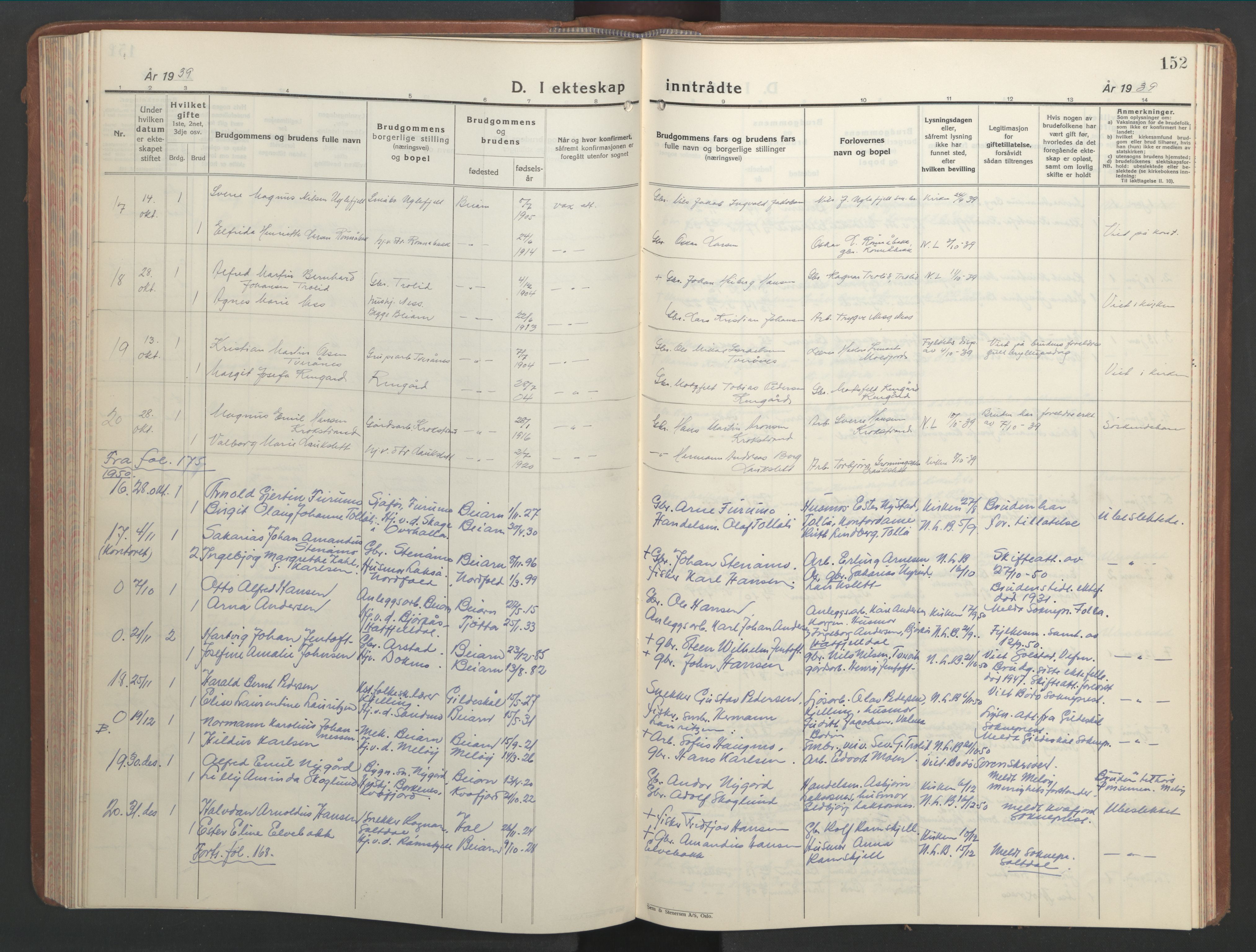 Ministerialprotokoller, klokkerbøker og fødselsregistre - Nordland, SAT/A-1459/846/L0657: Klokkerbok nr. 846C07, 1936-1952, s. 152