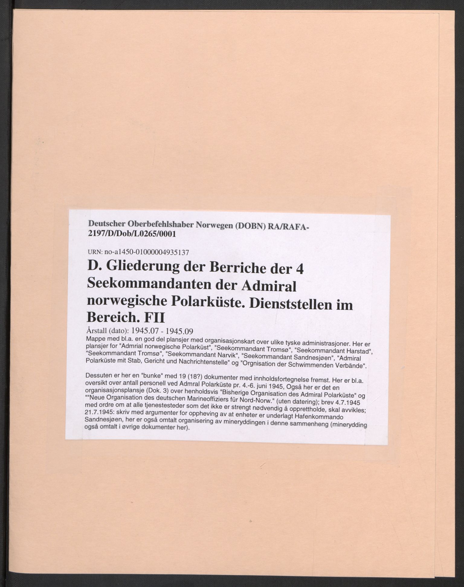 Deutscher Oberbefehlshaber Norwegen (DOBN), AV/RA-RAFA-2197/D/Dob/L0265/0001: ADMO Bereich Tromsø / D. Gliederung der Berriche der 4 Seekommandanten der Admiral norwegische Polarküste. Dienststellen im Bereich. FII, 1945