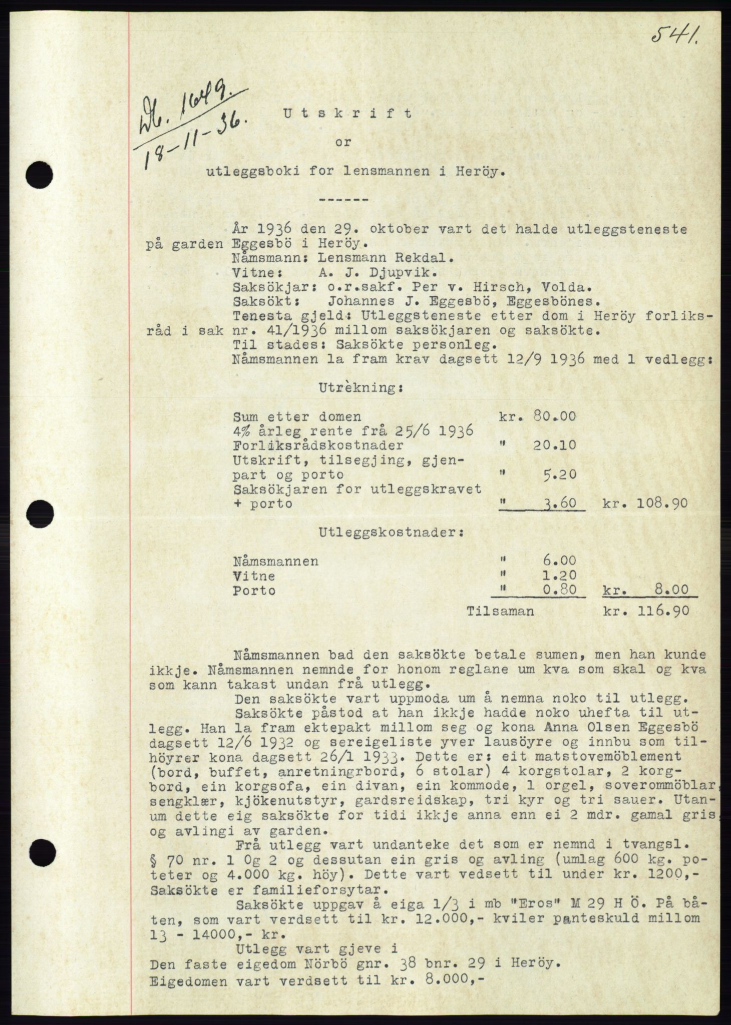 Søre Sunnmøre sorenskriveri, SAT/A-4122/1/2/2C/L0061: Pantebok nr. 55, 1936-1936, Dagboknr: 1649/1936