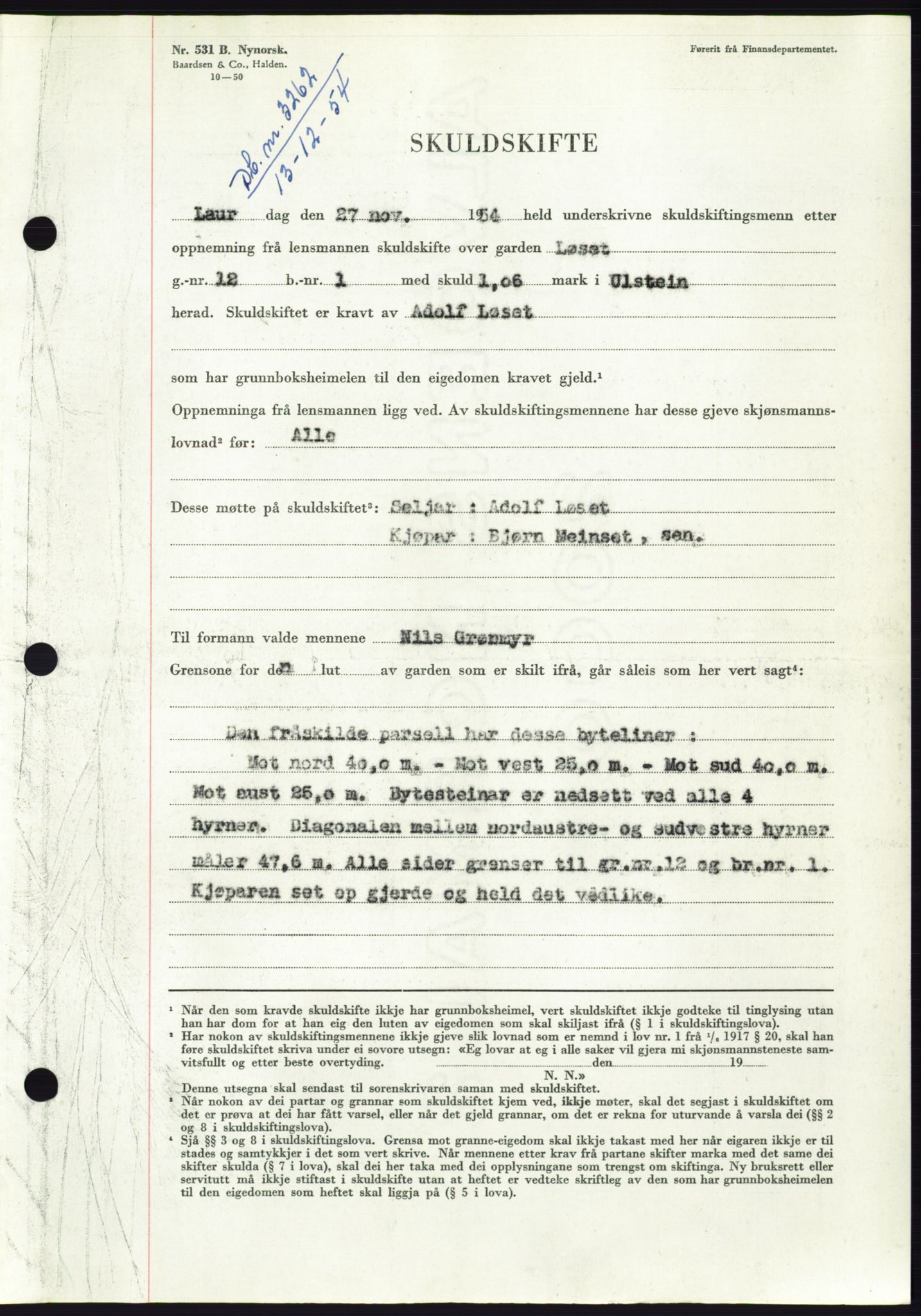 Søre Sunnmøre sorenskriveri, AV/SAT-A-4122/1/2/2C/L0099: Pantebok nr. 25A, 1954-1954, Dagboknr: 3262/1954